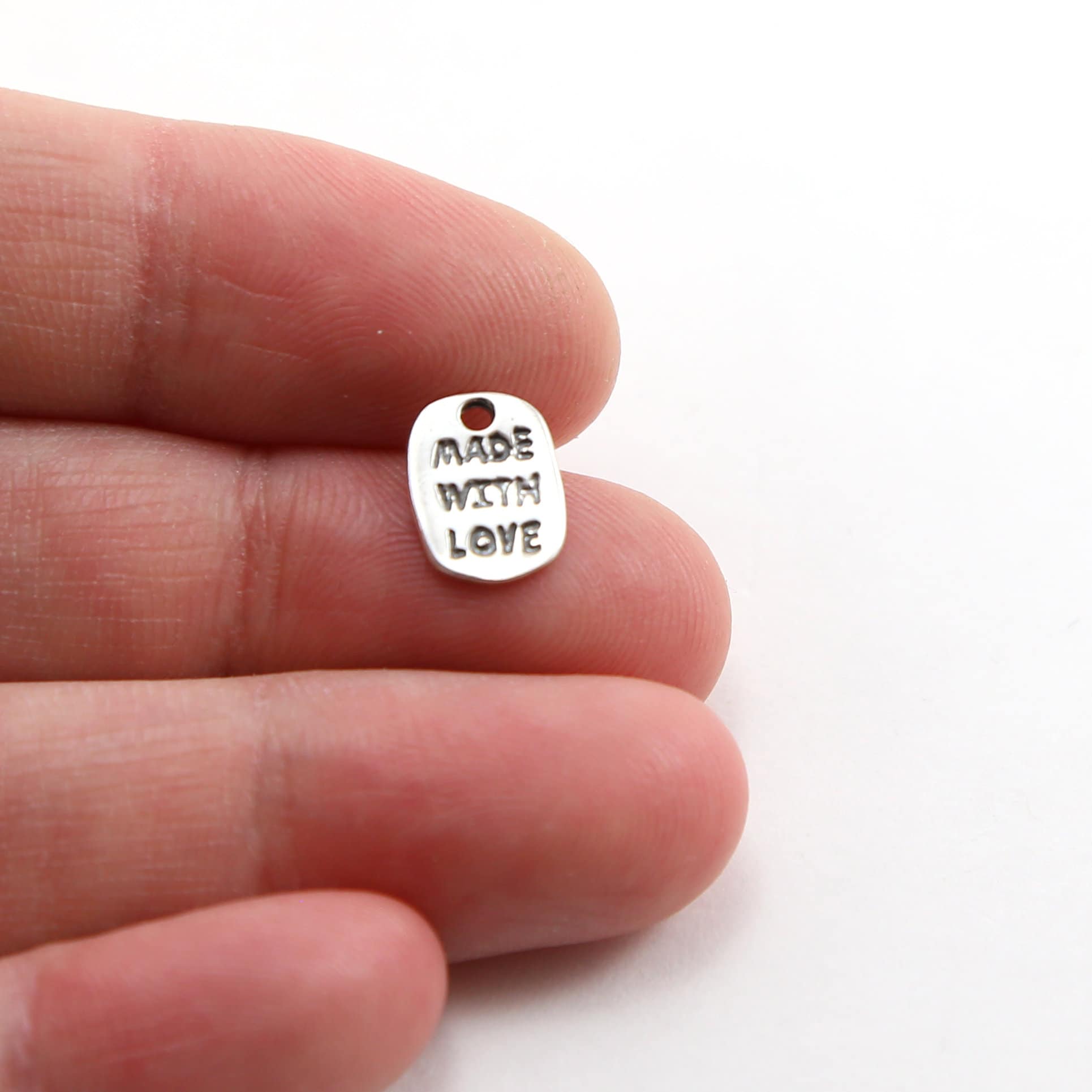 Sterling Silver Made with Love Stamped Word Charm Inspiration Pendant