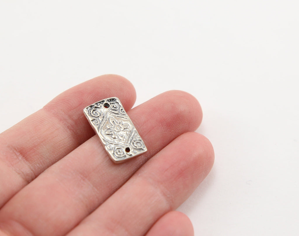 19mmx10mm Sterling Silver Stamped Flower and Swirl Rectangle Bar Plate