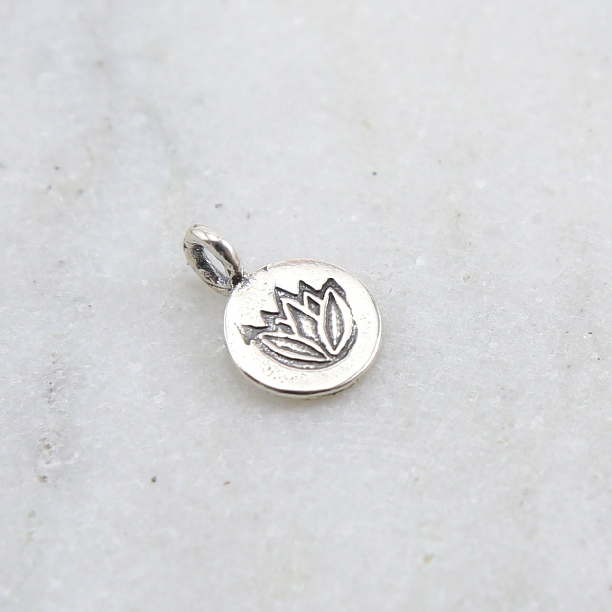 Sterling Silver Stamped Lotus on Teeny Tiny Round Circle Disk Charm
