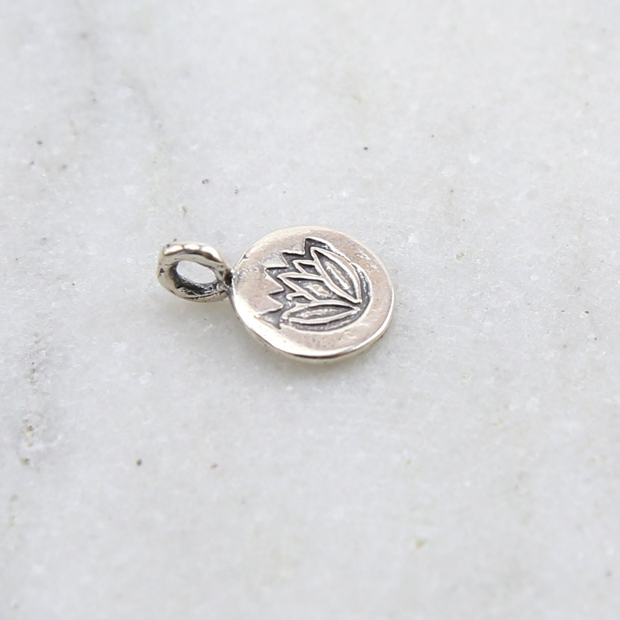 Sterling Silver Stamped Lotus on Teeny Tiny Round Circle Disk Charm