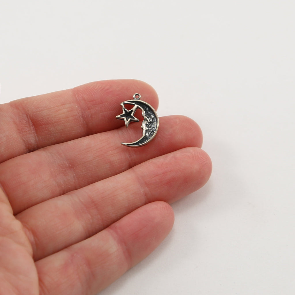 15mmx12mm Sterling Silver Crescent Moon and Attached Star Charm Celestial