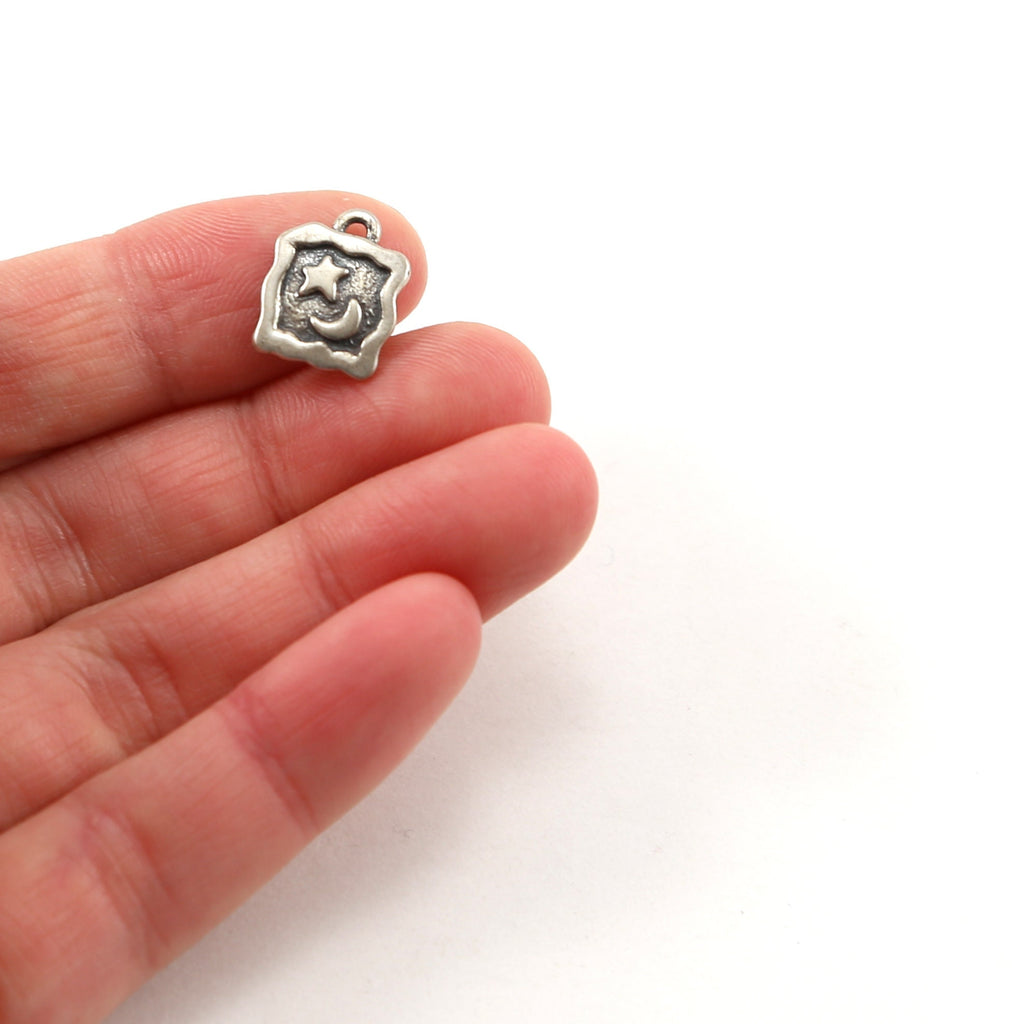 13mmx10mm Sterling Silver Starry Night Square Picture Charm with Crescent Moon