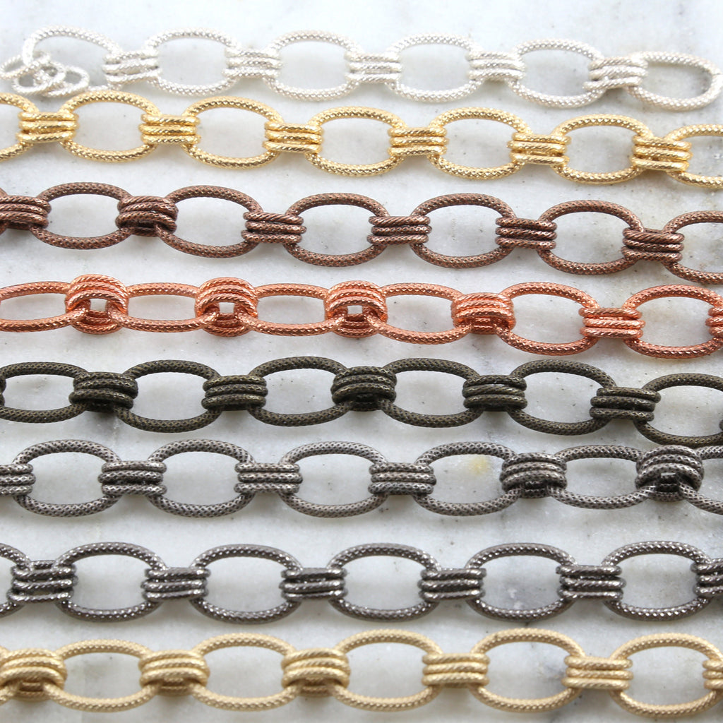 Brass Thick Sturdy Textured Oval Chain in Shiny Silver Gold – Sold by the Foot