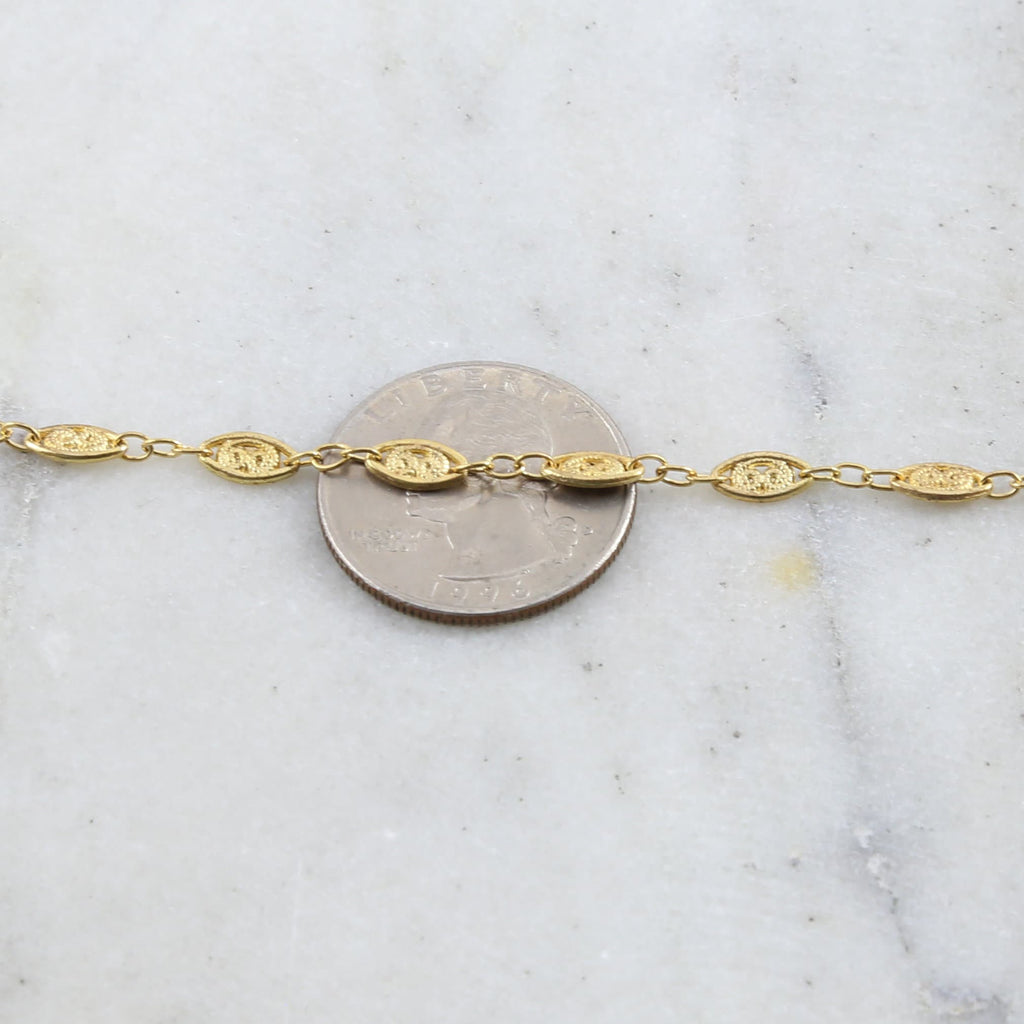 8mmx4mm Brass Fancy Lace Oval Chain in Shiny Silver – Sold by the Foot