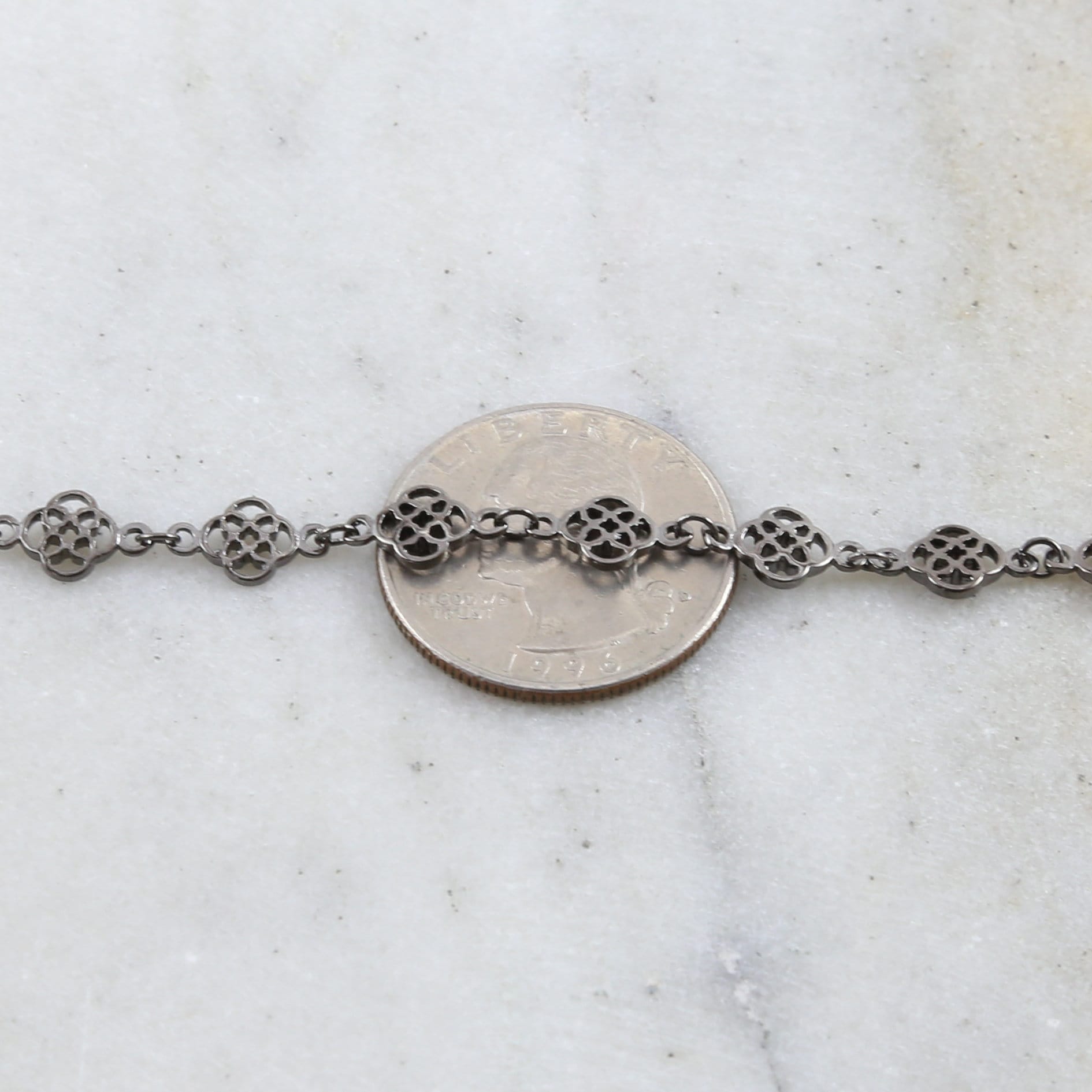 Brass Clover Flower Design Chain in Antique Silver Gunmetal – Sold by the Foot