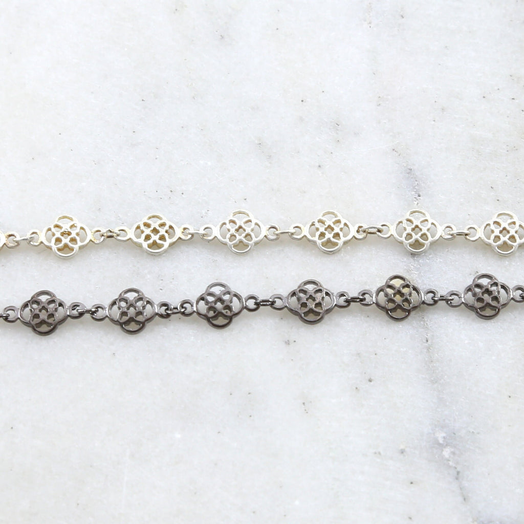 Brass Clover Flower Design Chain in Antique Silver Gunmetal – Sold by the Foot