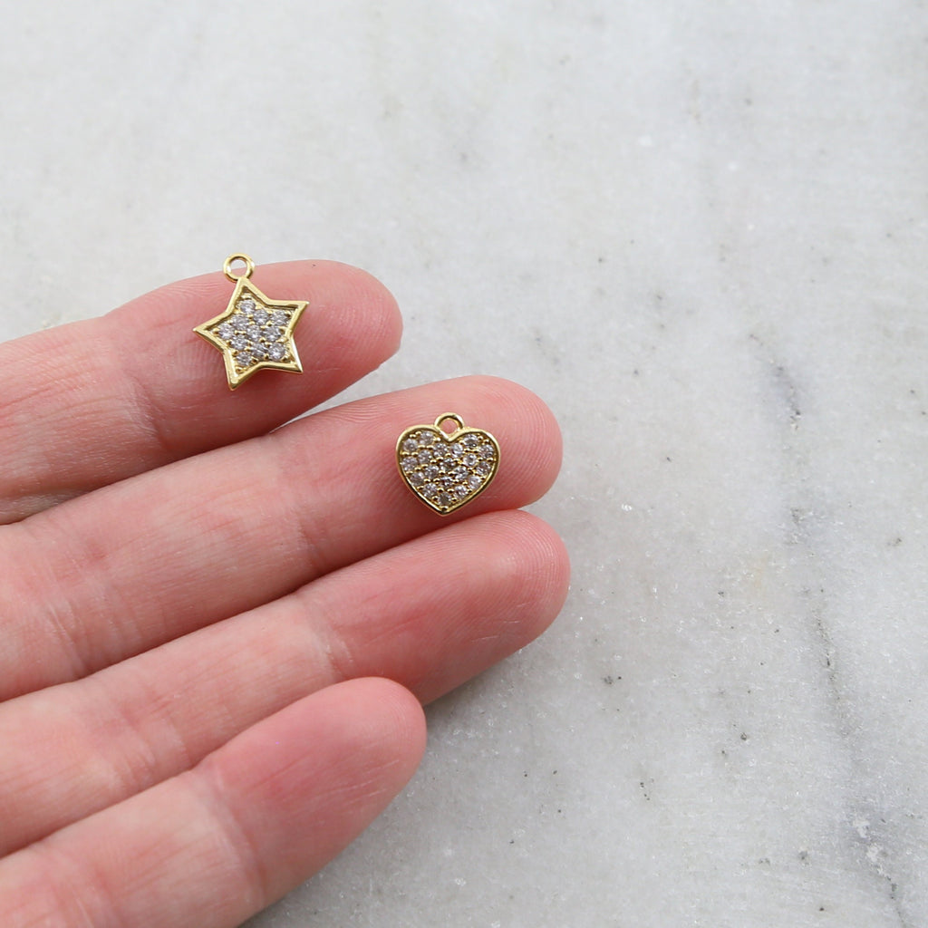 Rhodium Plated Gold or Rose Gold Cubic Zirconia Pave Heart or Star