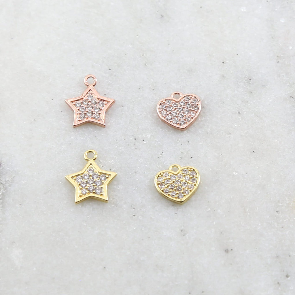 Rhodium Plated Gold or Rose Gold Cubic Zirconia Pave Heart or Star