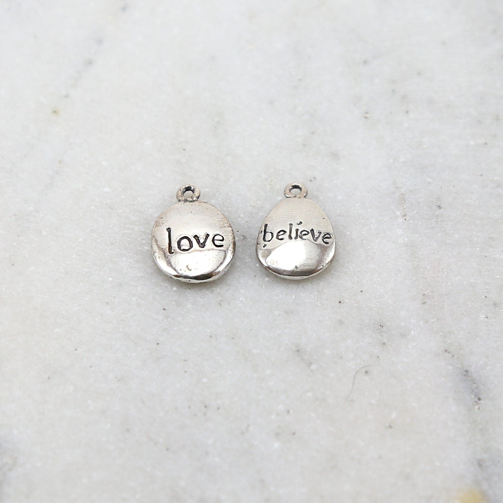 Sterling Silver or Vermeil Love or Believe Stamped Organic Shape Rounded Oval