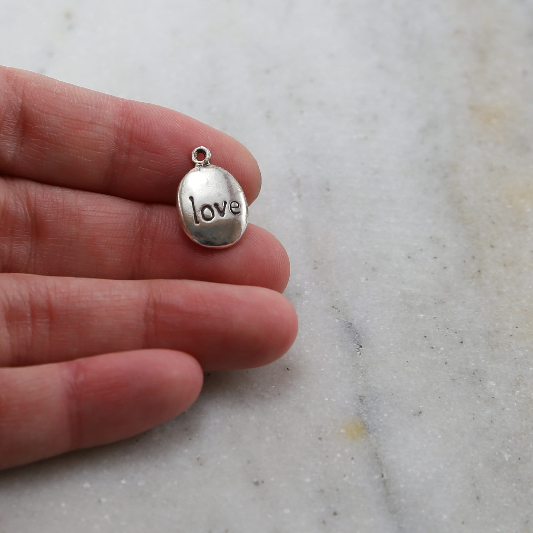 Sterling Silver or Vermeil Love or Believe Stamped Organic Shape Rounded Oval
