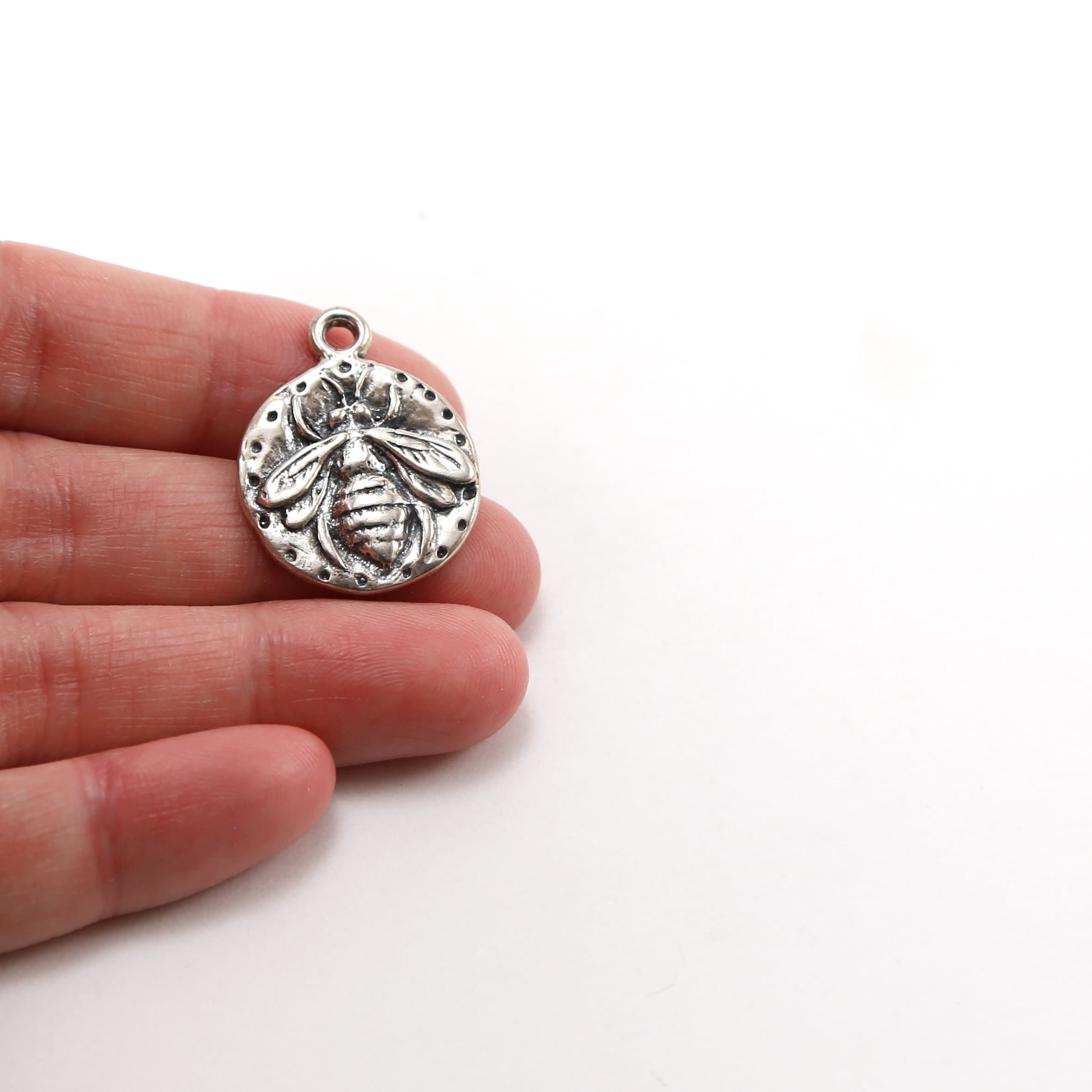 Sterling Silver Large Honey Bee Coin Medallion Charm Insect Nature