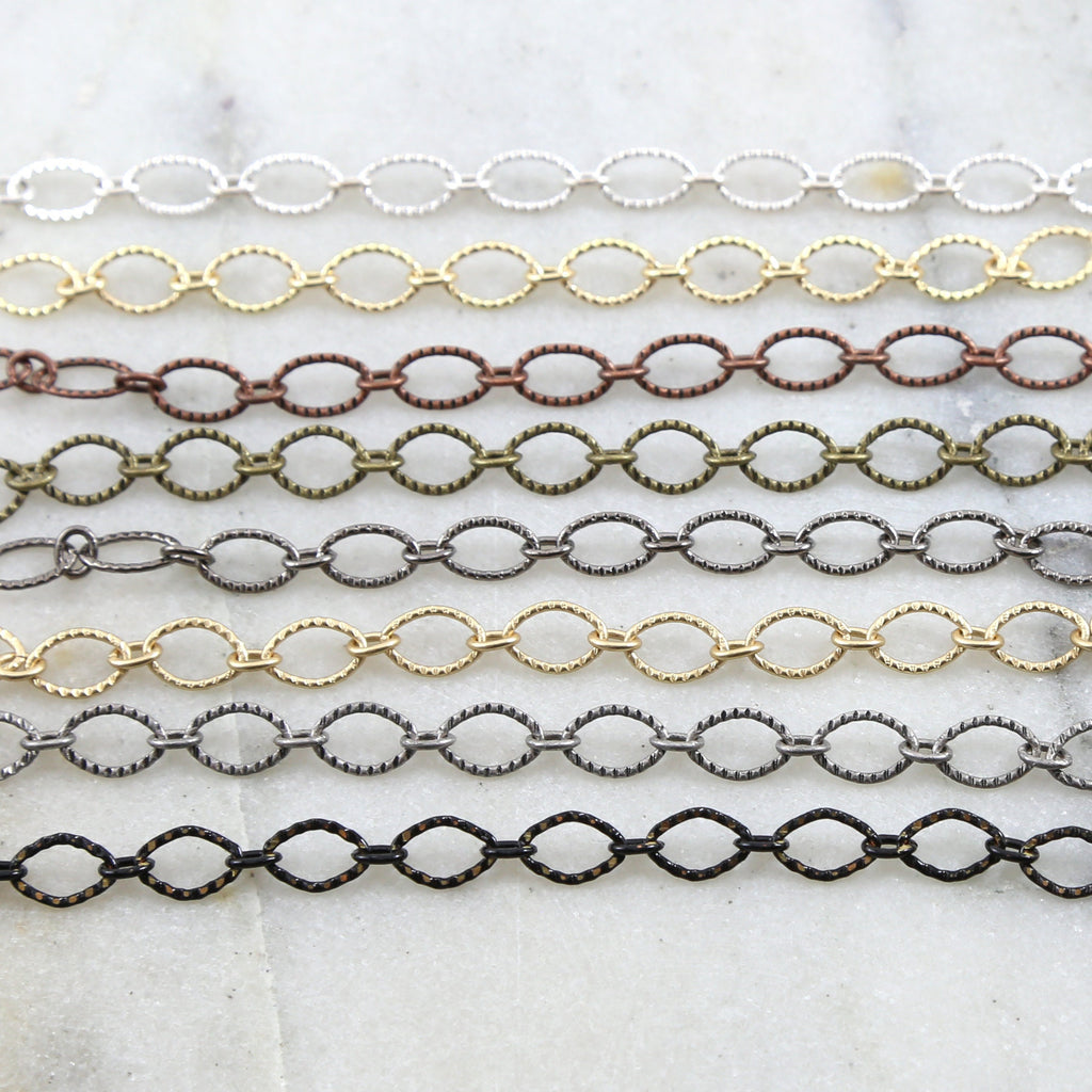 9mmx6mm Brass Oval Textured Crimped Chain in Shiny Silver – Sold by the Foot