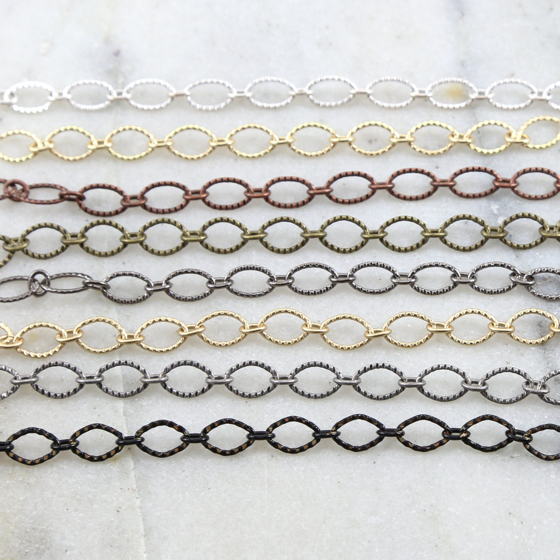 9mmx6mm Brass Oval Textured Crimped Chain in Shiny Silver – Sold by the Foot