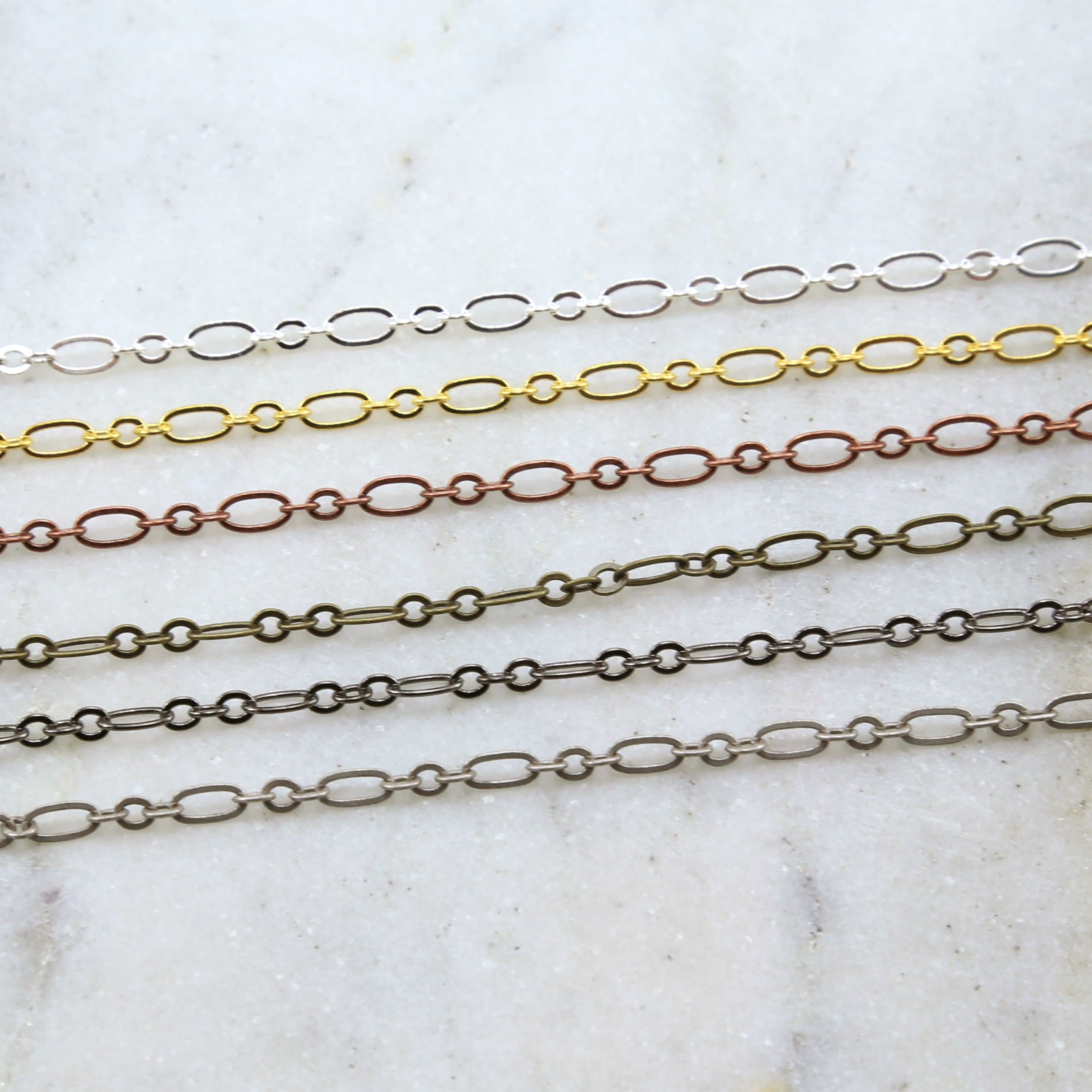 Brass Long Oval and Circle Chain in Shiny Silver Shiny Gold – Sold by the Foot