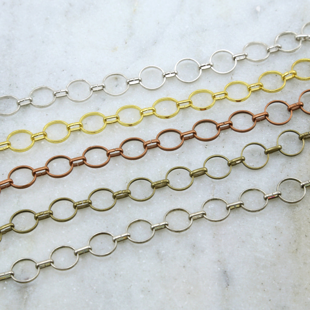 9mm Brass Thin Circle Open Link Chain in Shiny Silver – Sold by the Foot