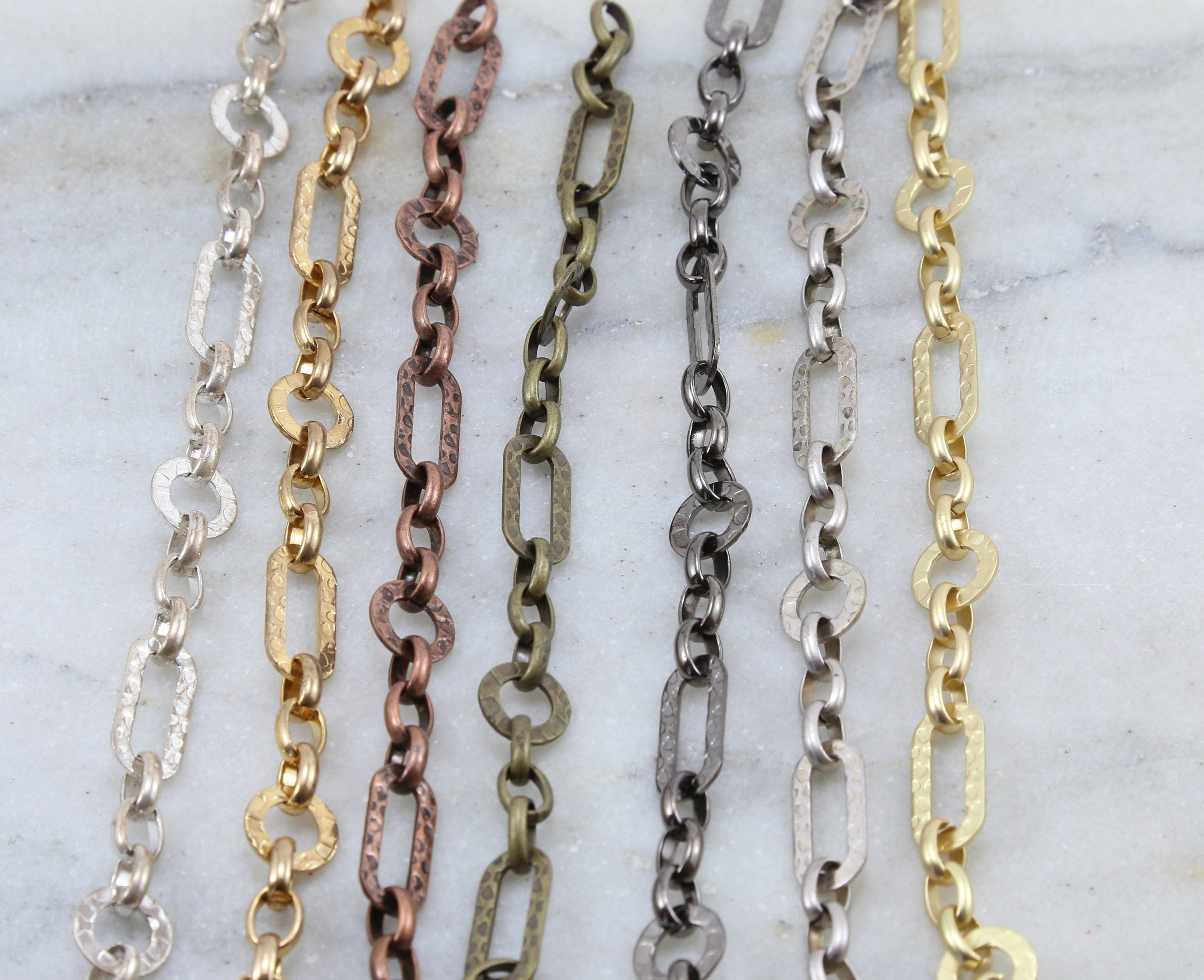 Brass Hammered Rectangle Circle Chain in Shiny Silver – Sold by the Foot