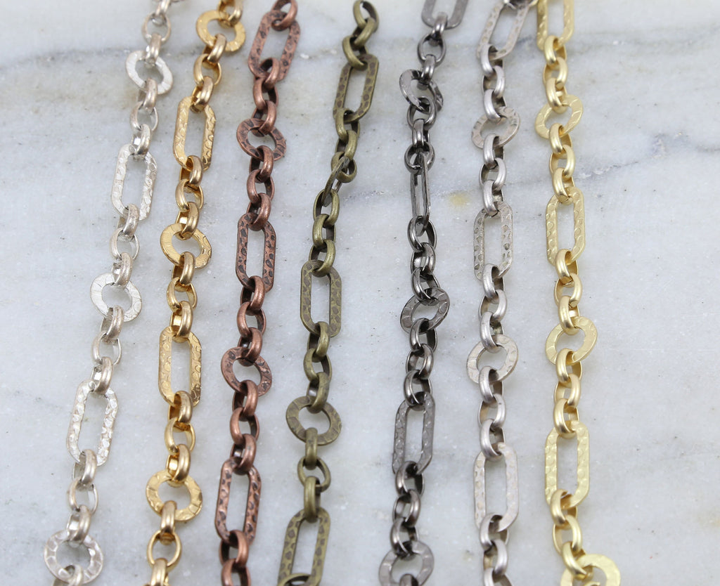 Brass Hammered Rectangle Circle Chain in Shiny Silver – Sold by the Foot – Antique Silver