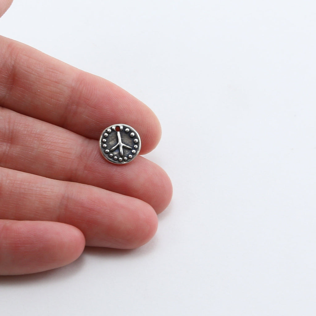 10mm Sterling Silver or Vermeil or Dotted Rim Peace Sign Circle Charm Hippie