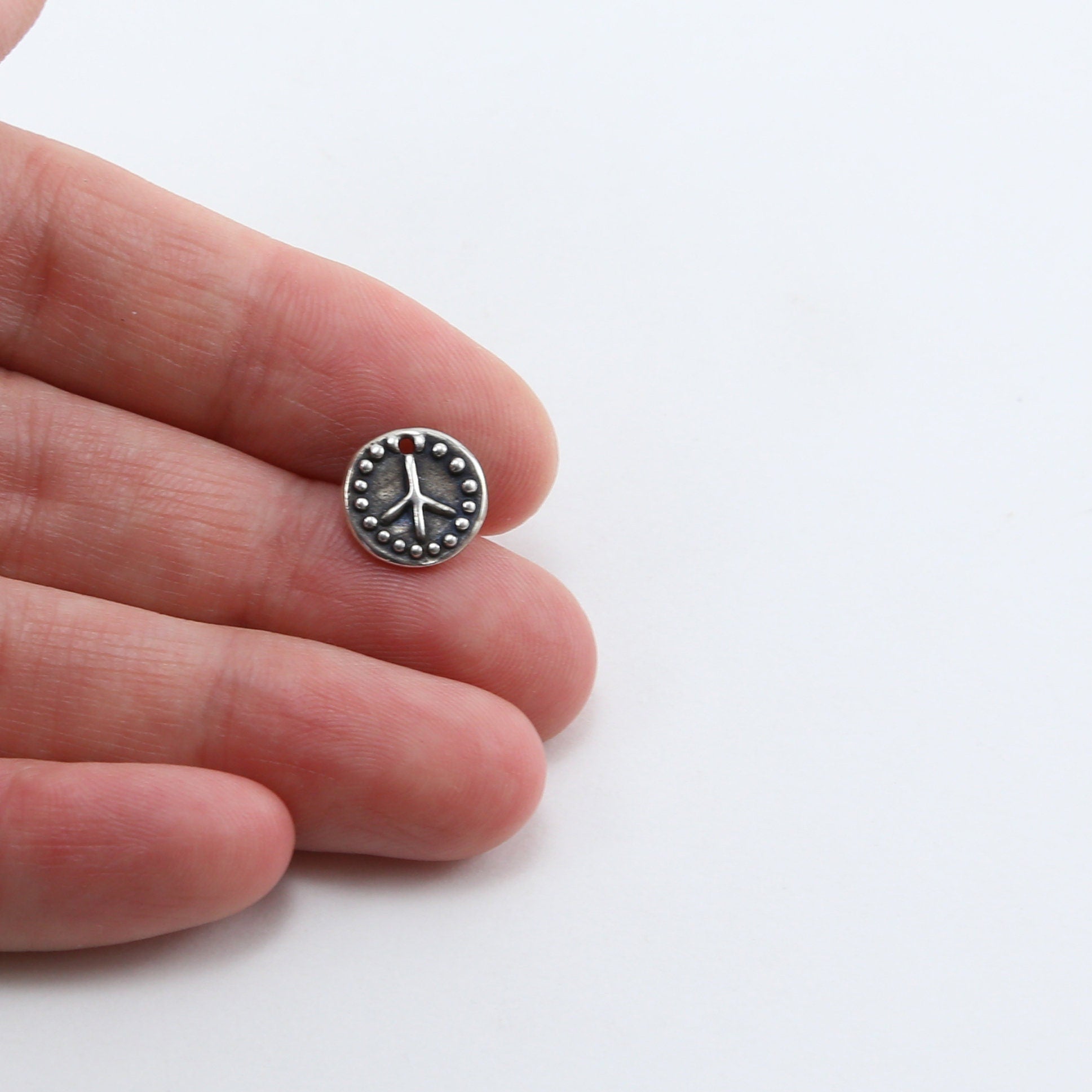 10mm Sterling Silver or Vermeil or Dotted Rim Peace Sign Circle Charm Hippie