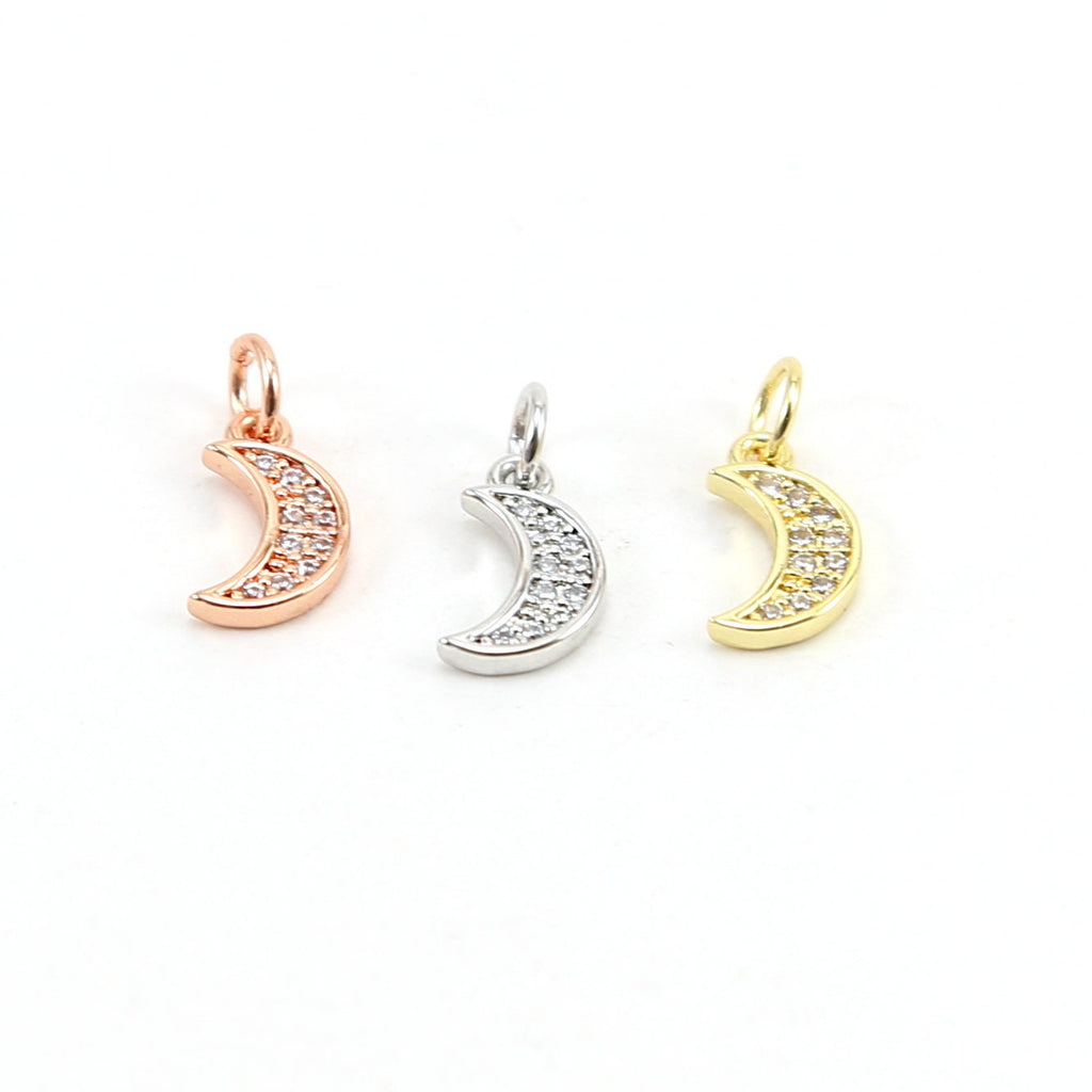 Rhodium Plated Small CZ Crescent Moon Cubic Zirconia Pave Charm