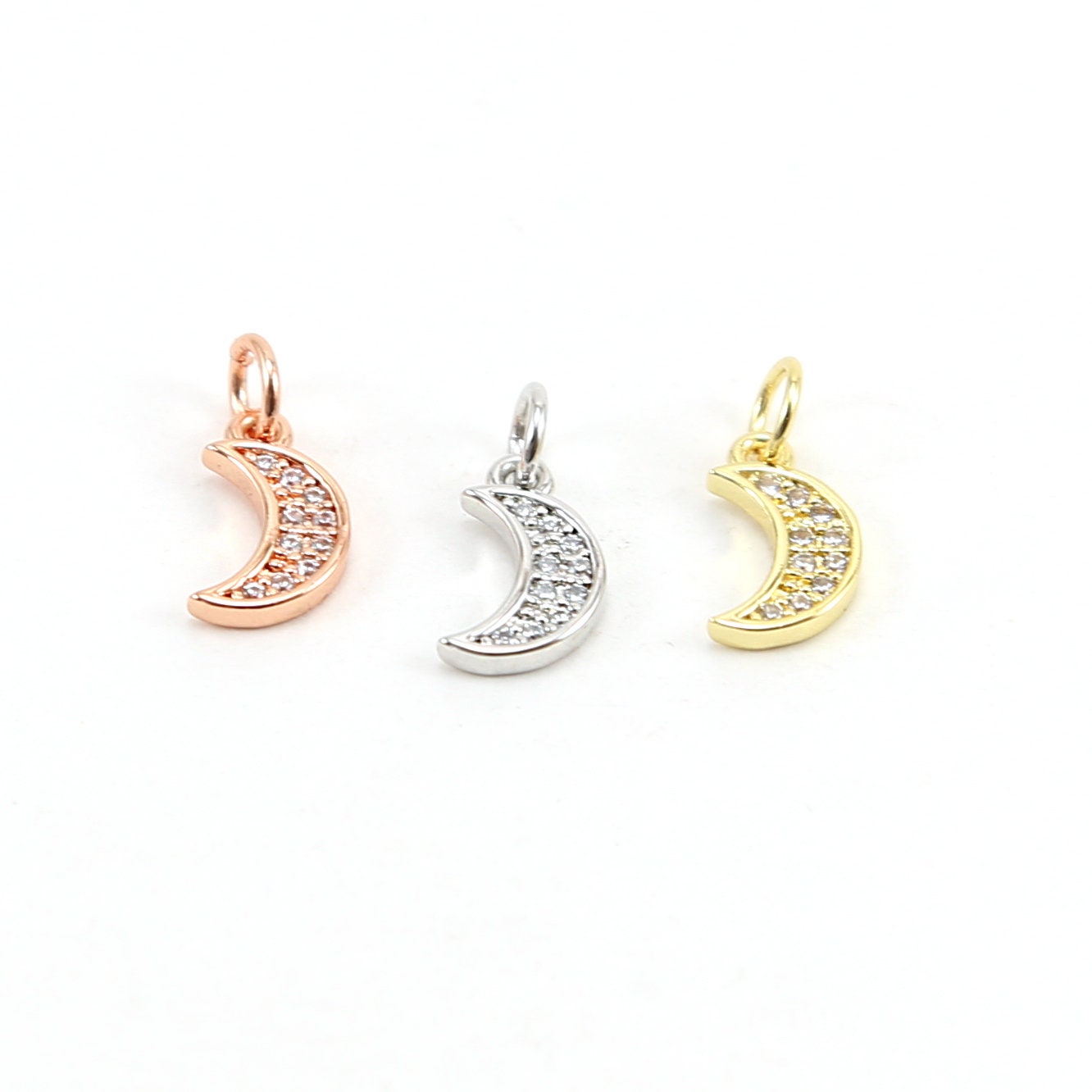 Rhodium Plated Small CZ Crescent Moon Cubic Zirconia Pave Charm