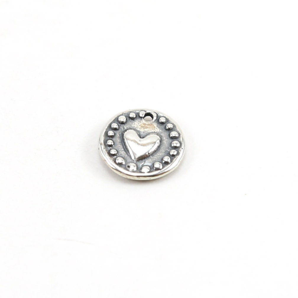 10mm Sterling Silver or Vermeil or Tiny Mini Heart with Dots Circle Medallion