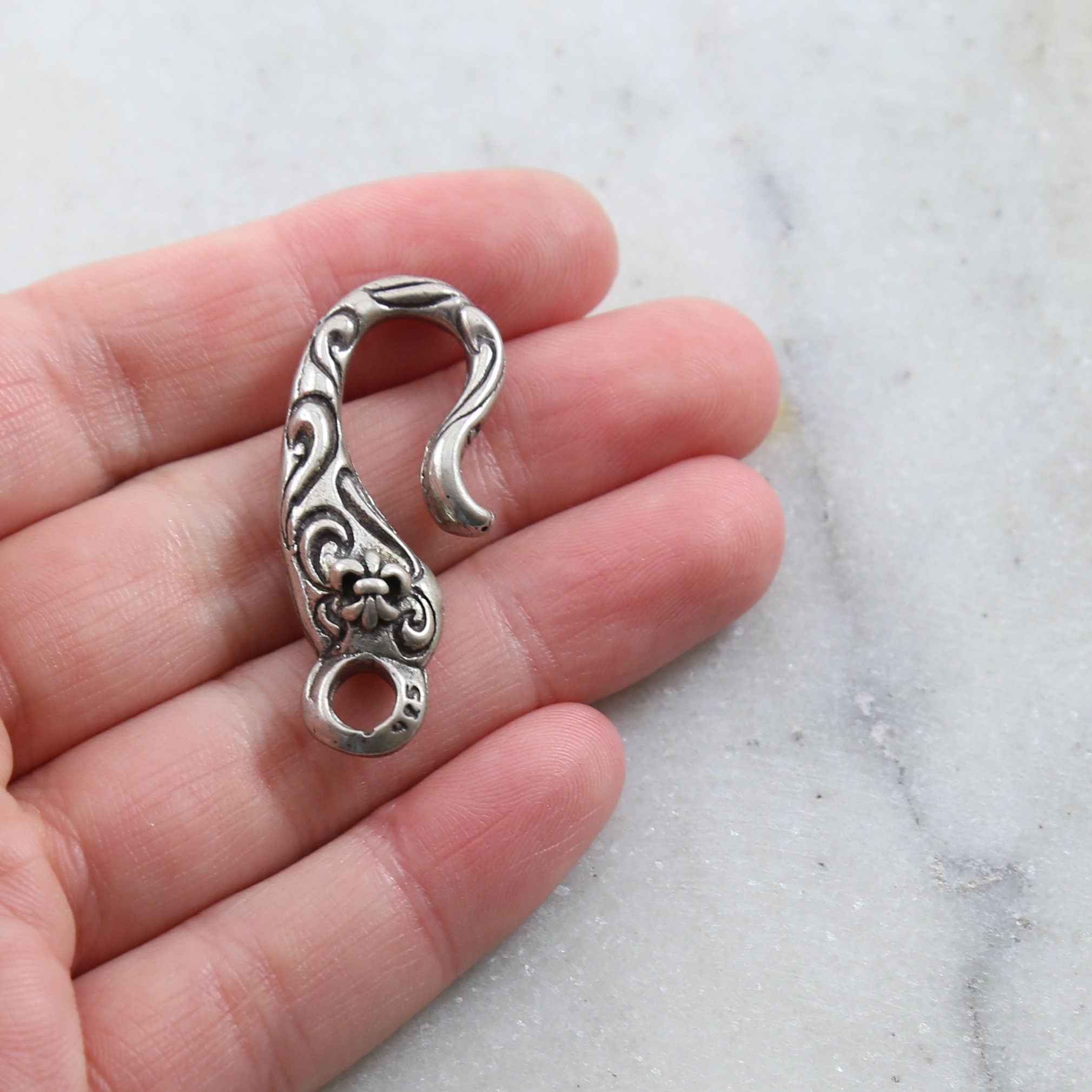 Sterling Silver Large Heavy Duty Hook Clasp with Fleur Di Lis and Cross
