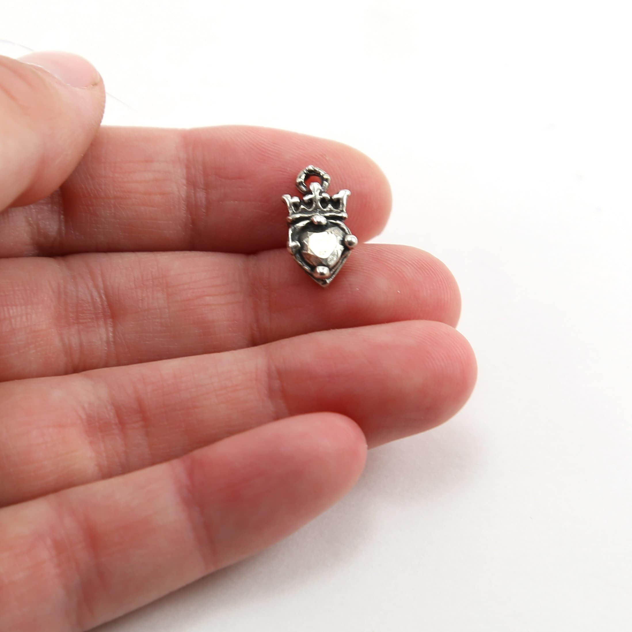 15mmx7mm Sterling Silver Faceted Jewel Heart with Crown Charm Queen Princess