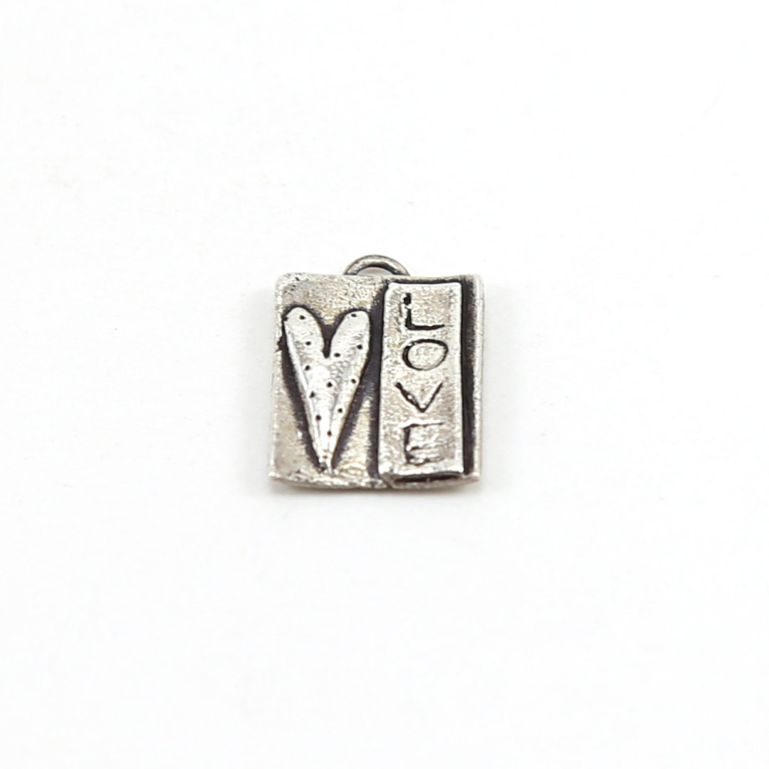 12mmx9mm Sterling Silver Whimsical Square Heart with LOVE Charm Curly Swirl