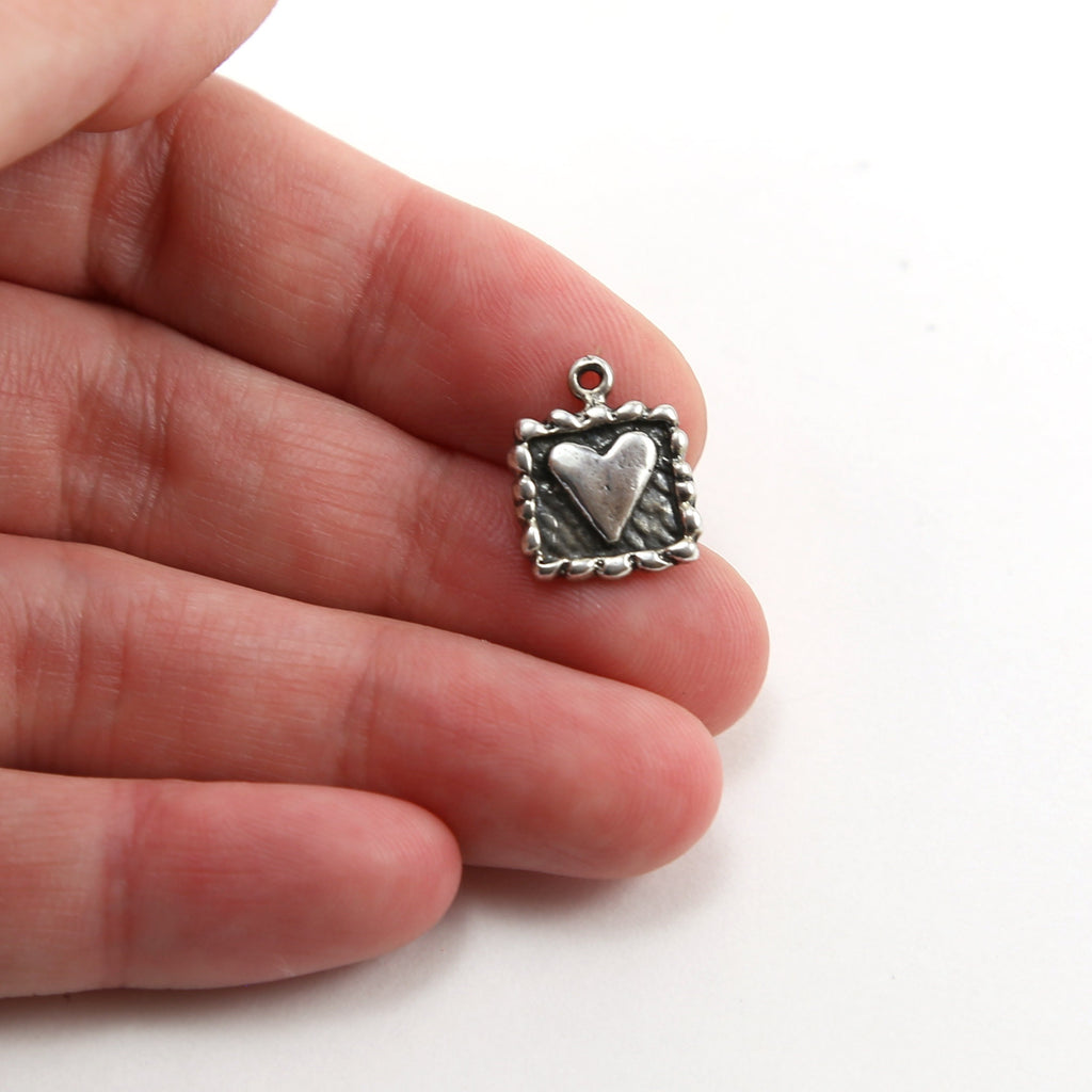 14mmx10mm Sterling Silver Square Heart Charm with Rope Border Detailing Love