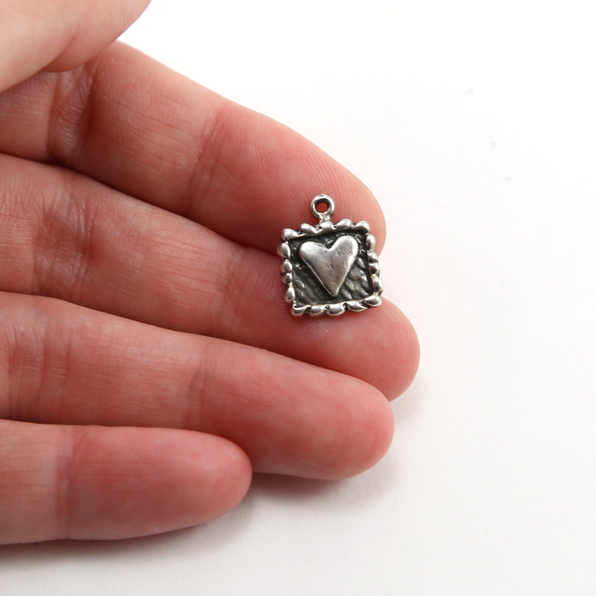14mmx10mm Sterling Silver Square Heart Charm with Rope Border Detailing Love