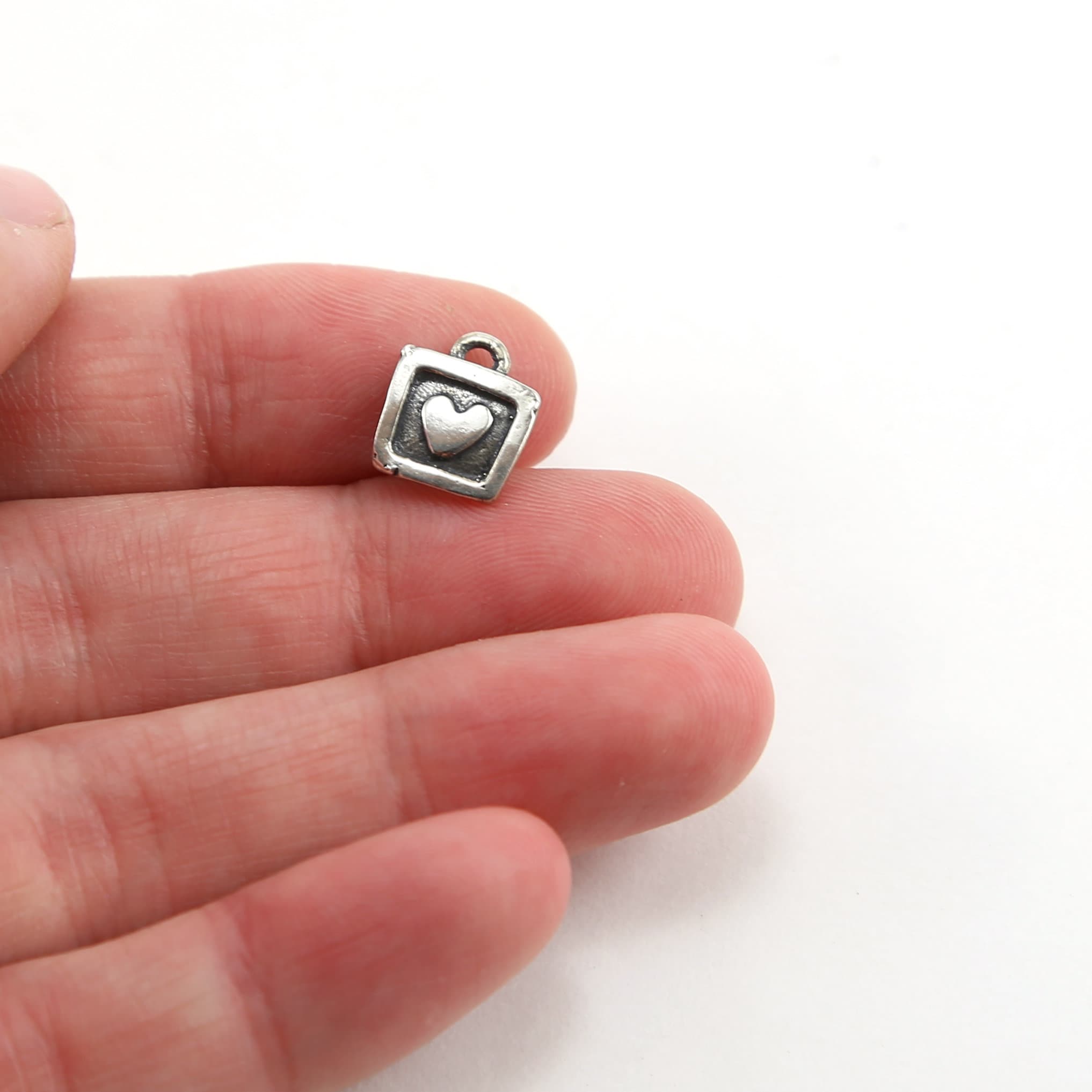 10mmx9mm Sterling Silver Tiny Square Heart Picture Frame Charm Love Friendship