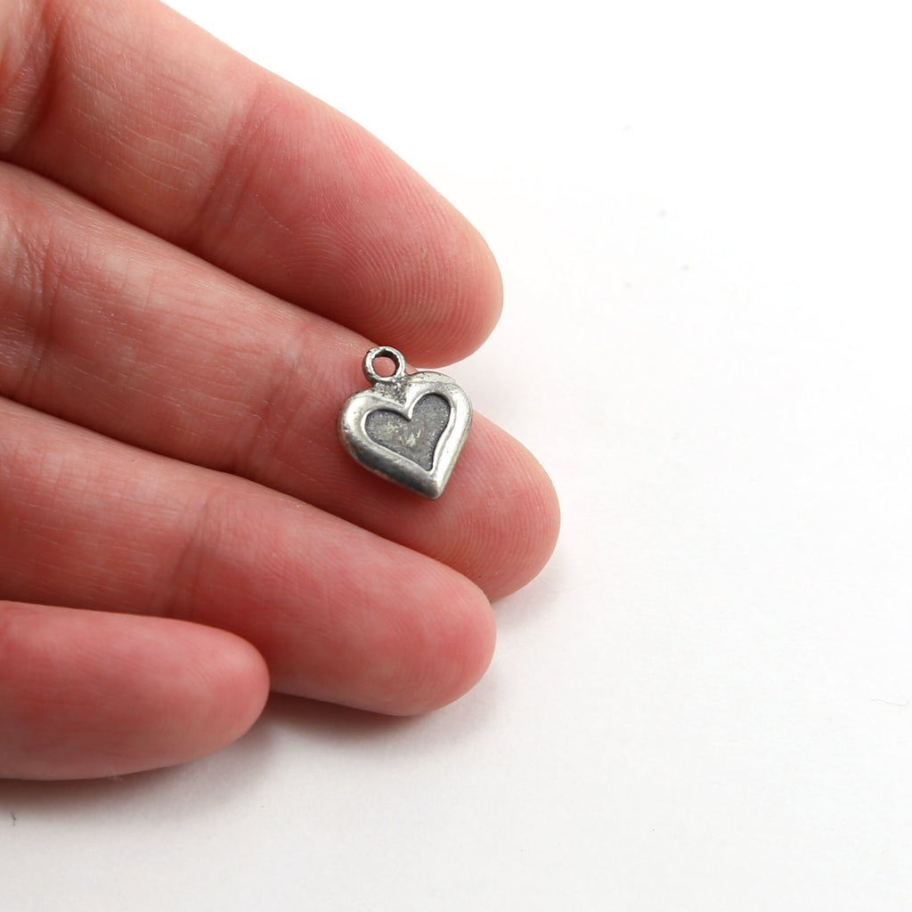 Sterling Silver Small Double Sided Heart Charm with Stamped Heart