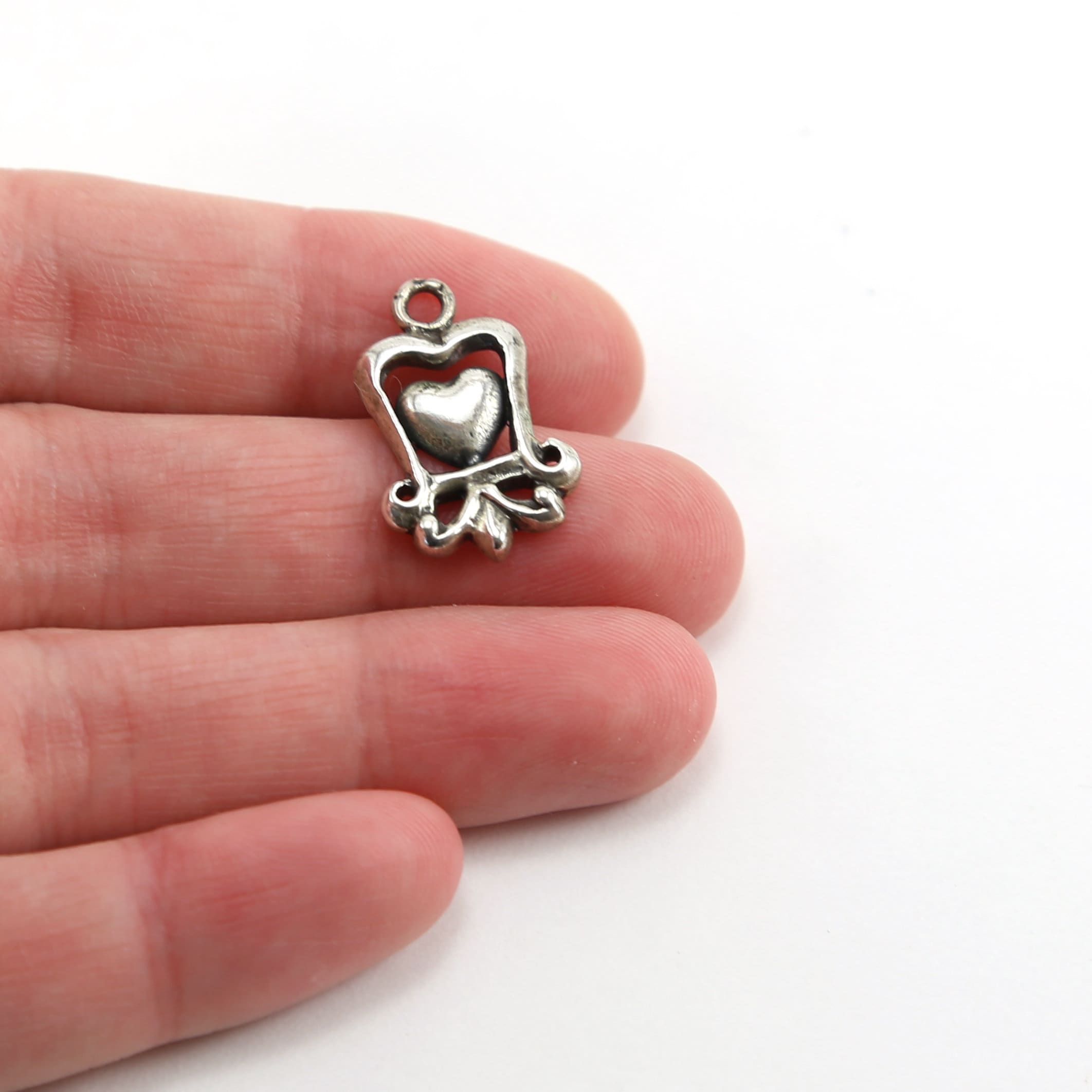 Sterling Silver Whimsical Curly Frame Heart Charm in Love Sisters