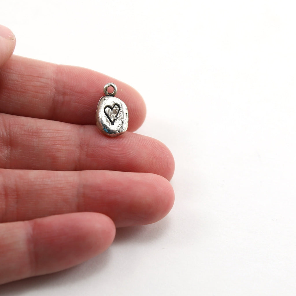 Sterling Silver Organic Shaped Thick Stamped Heart Oval Tag Charm