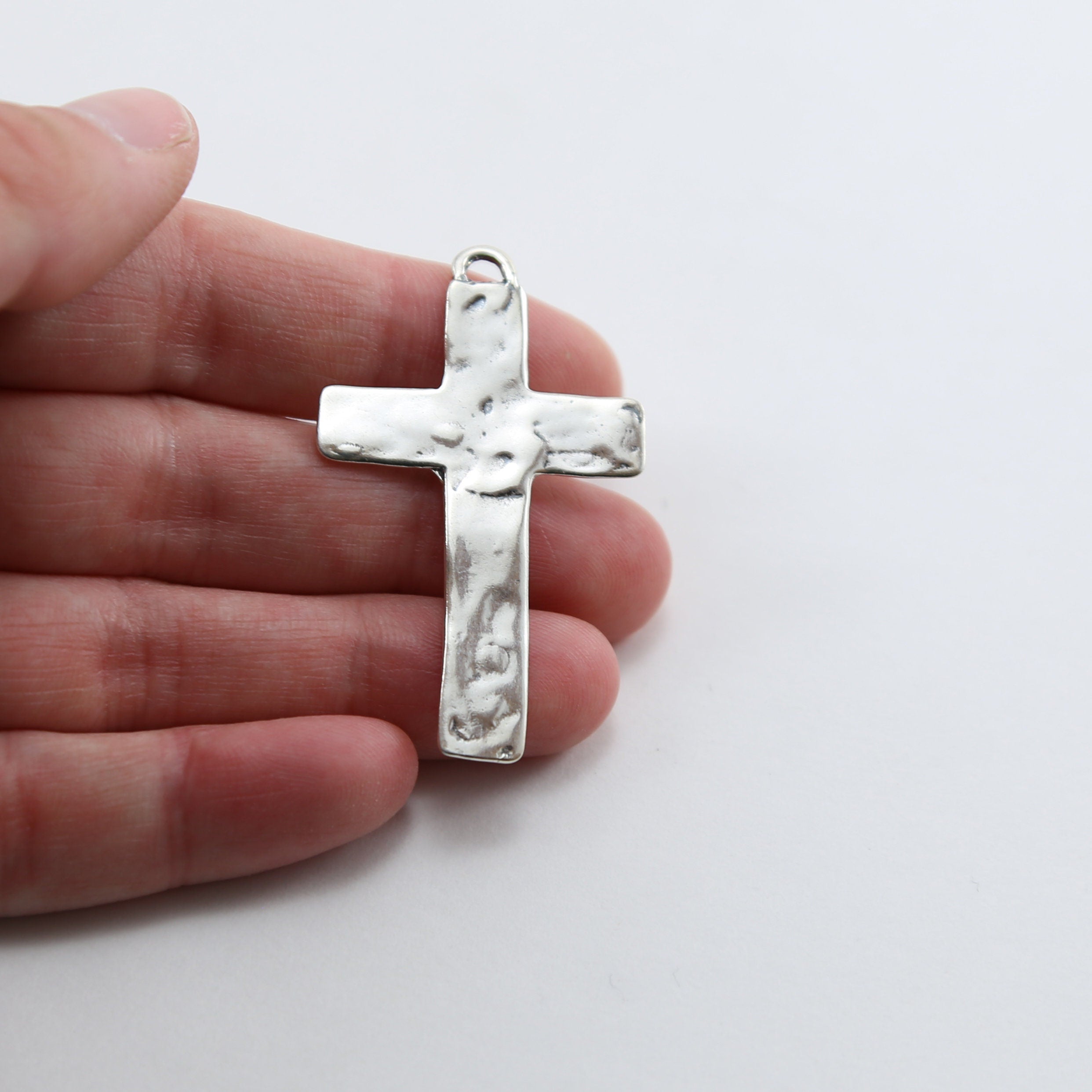 Sterling Silver Large Hammered Textured Flat Cross Charm Pendant