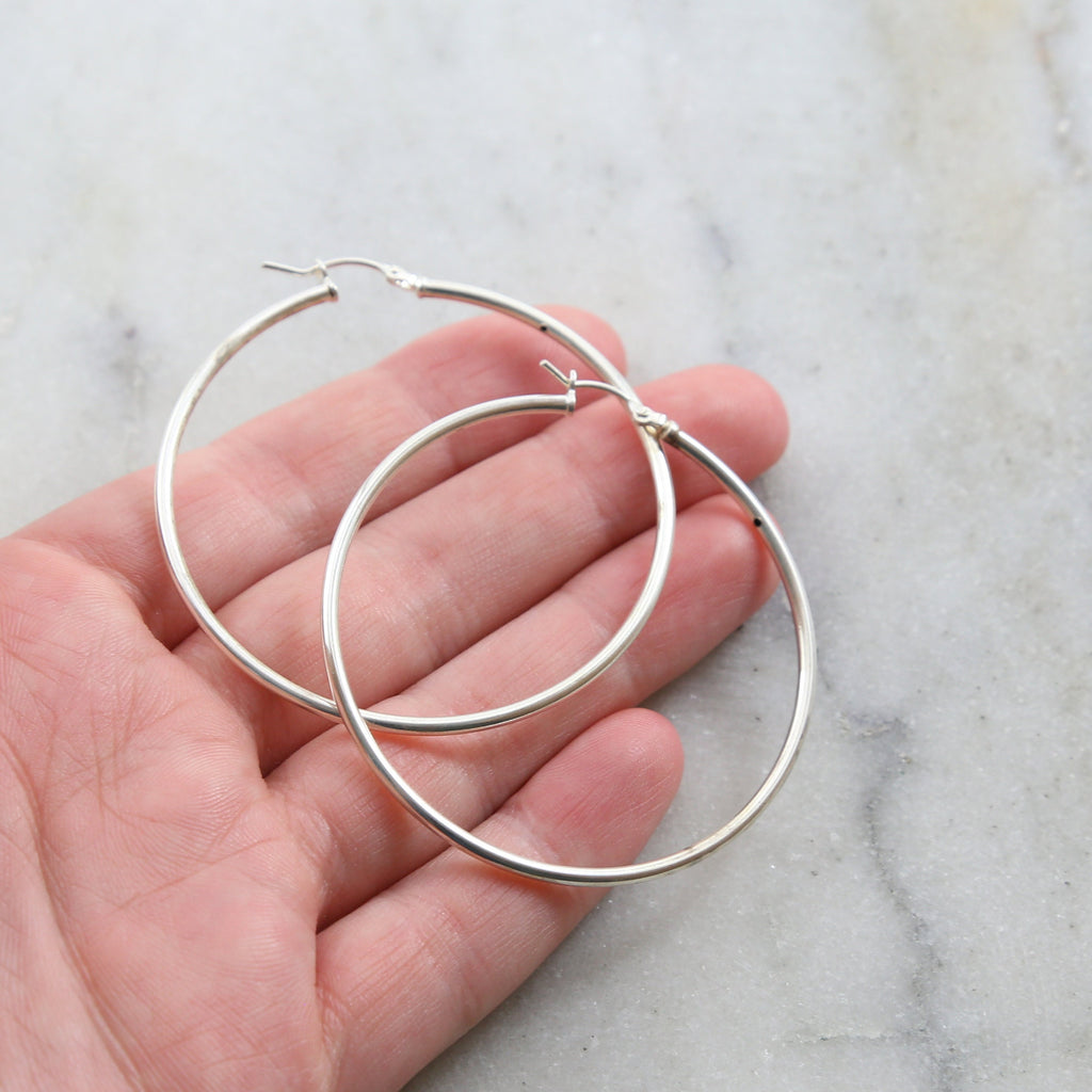 Sterling Silver Large 50mm Thick Flex Tube Hoop Earrings 2 Inch Earring (2pc)