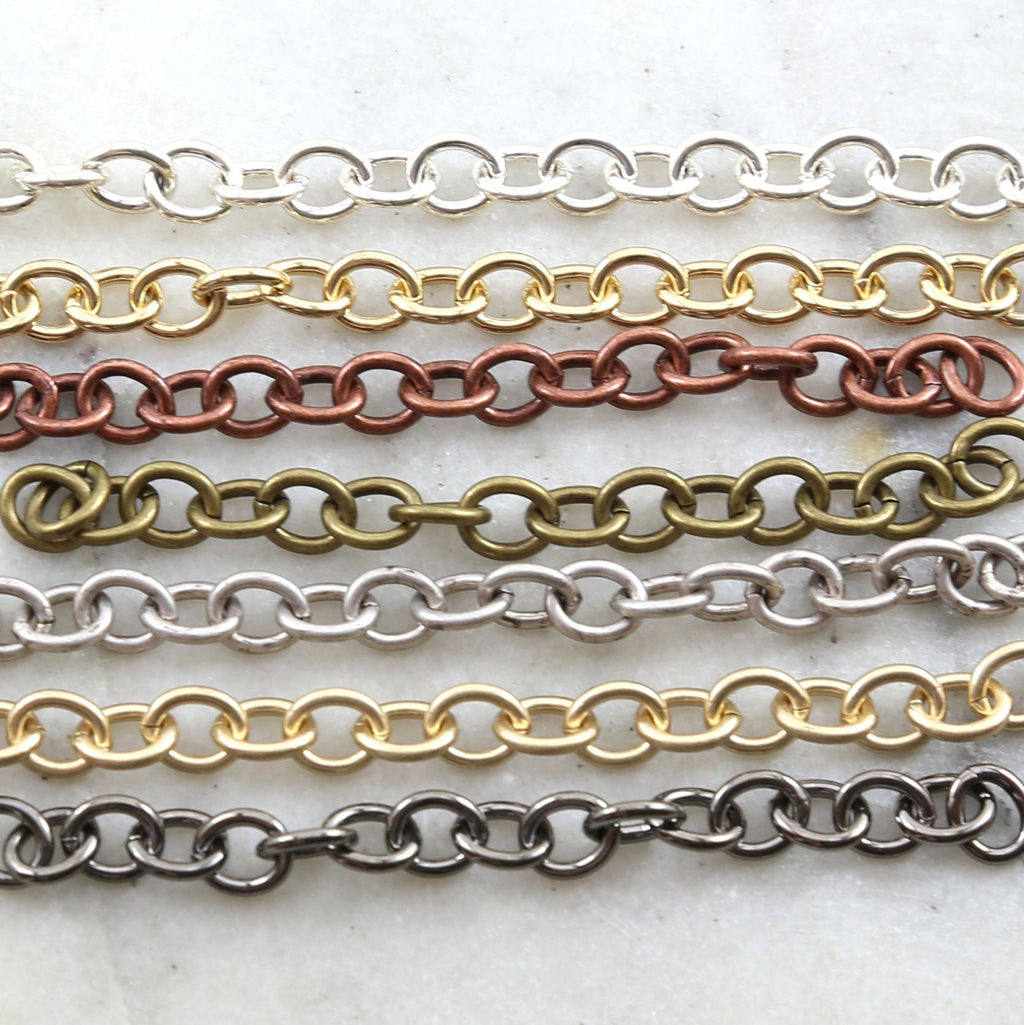8mmx6mm Brass Thick Oval Extender Chain in Shiny Silver – Sold by the Foot