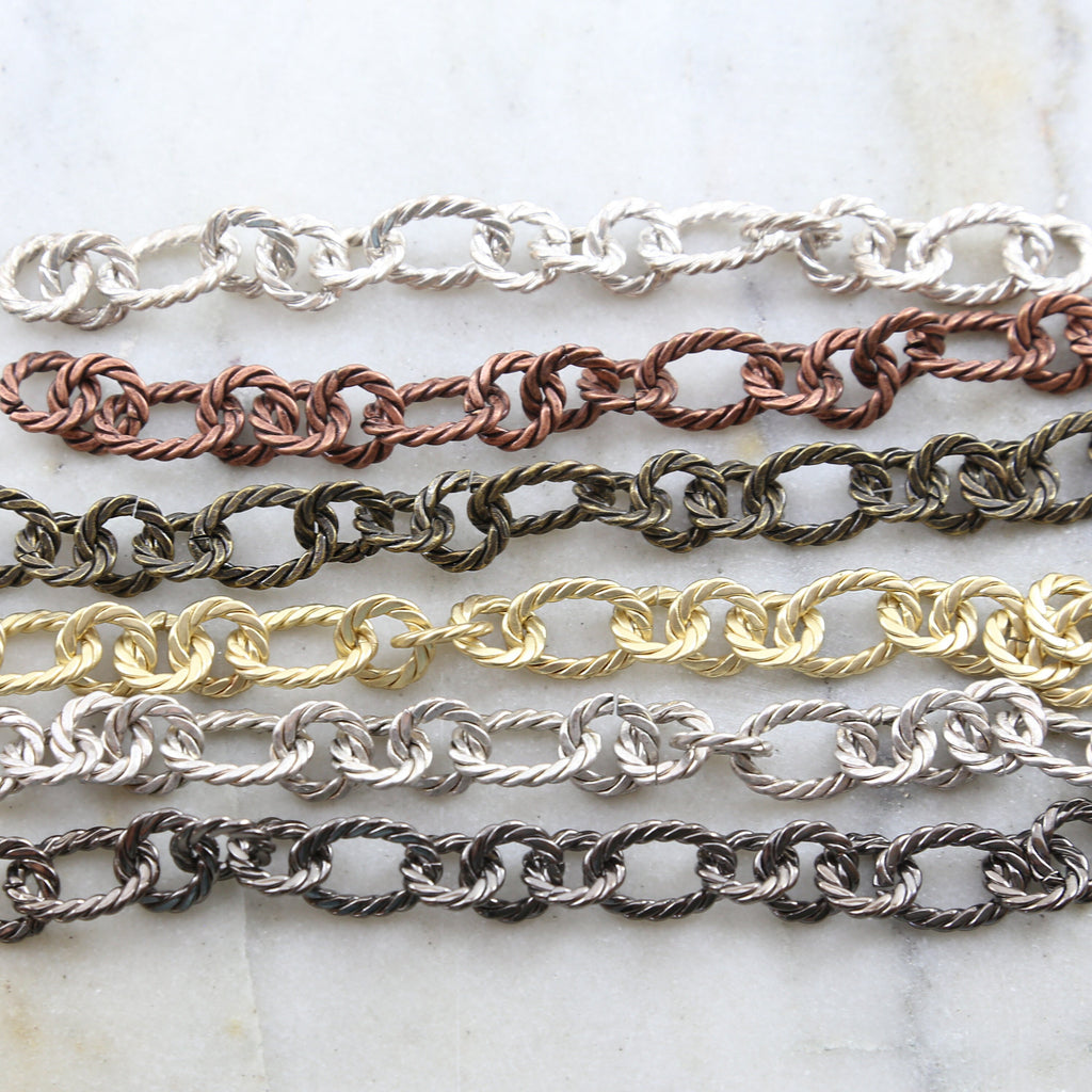 Brass Textured Rope Circle and Oval Chain in 6 Finishes – Sold by the Foot