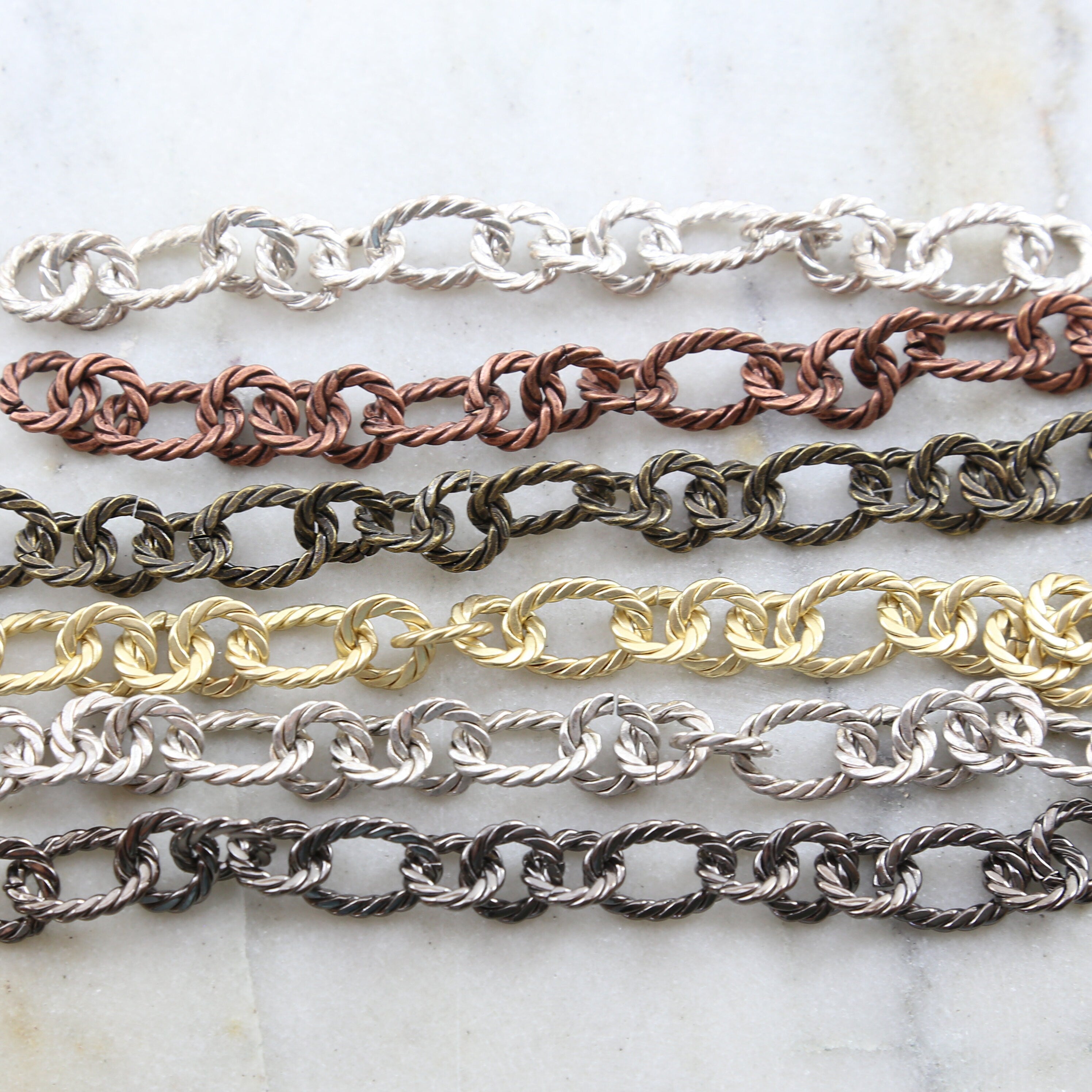 Brass Textured Rope Circle and Oval Chain in 6 Finishes – Sold by the Foot