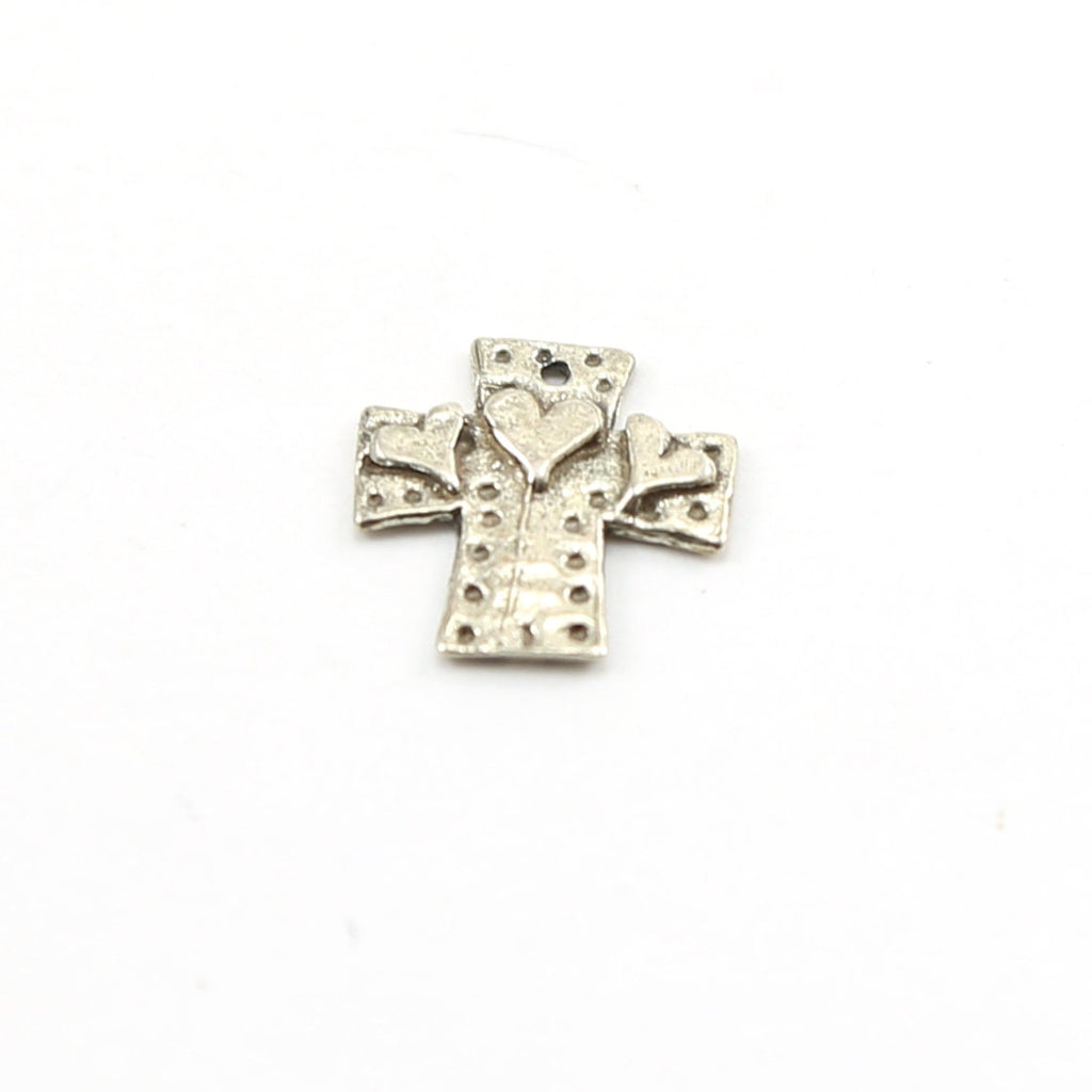 Sterling Silver Whimsical Dotted Patch Cross with Three Hearts Charm