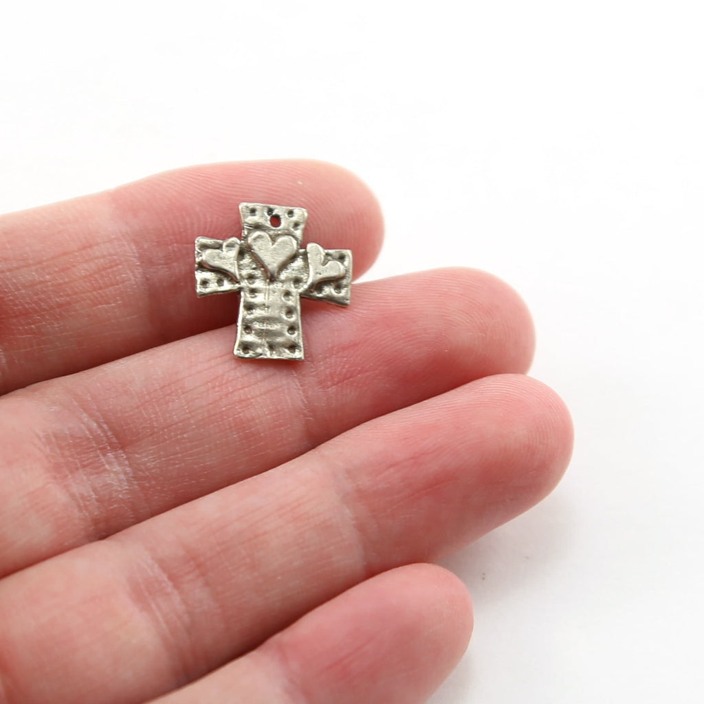 Sterling Silver Whimsical Dotted Patch Cross with Three Hearts Charm