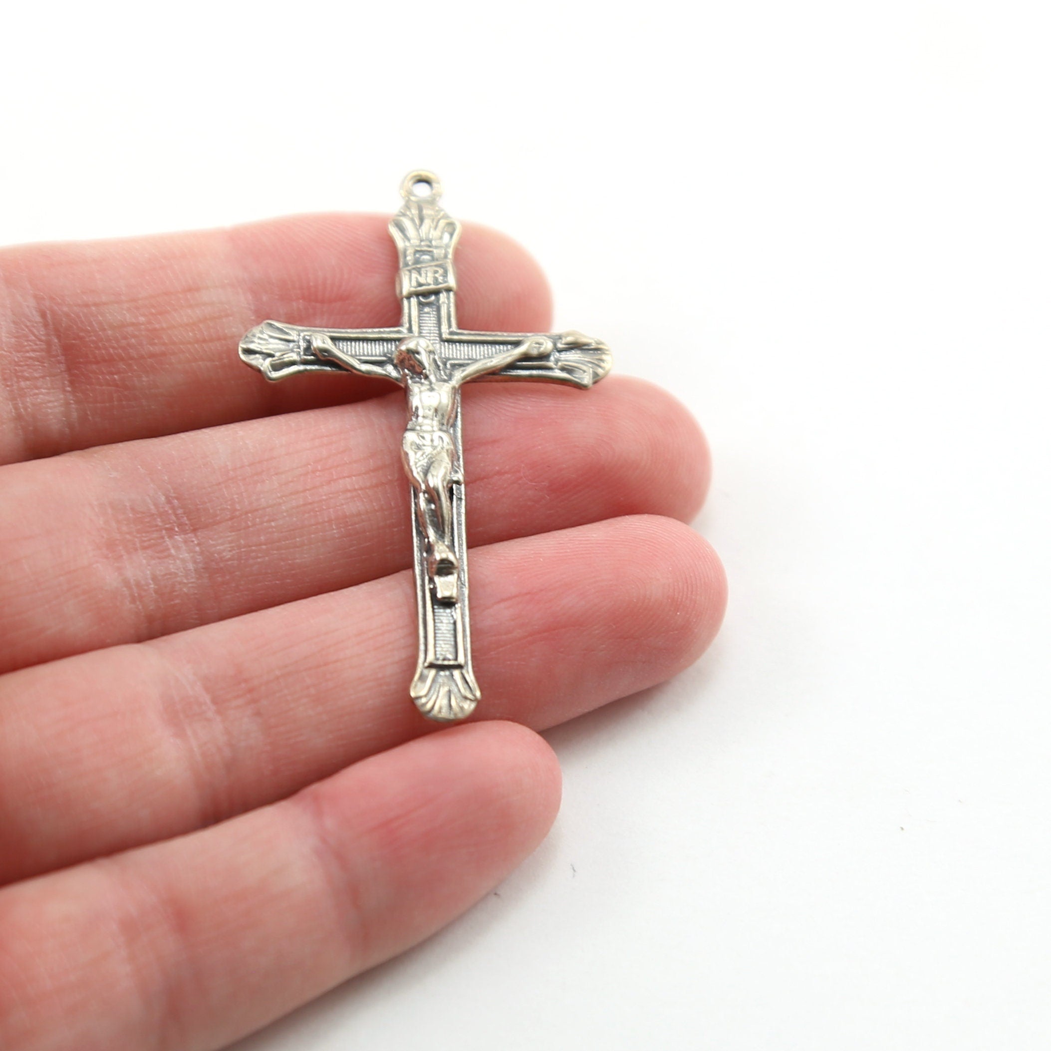 Sterling Silver Extra Large Crucifix Cross Detailed Charm Rosary