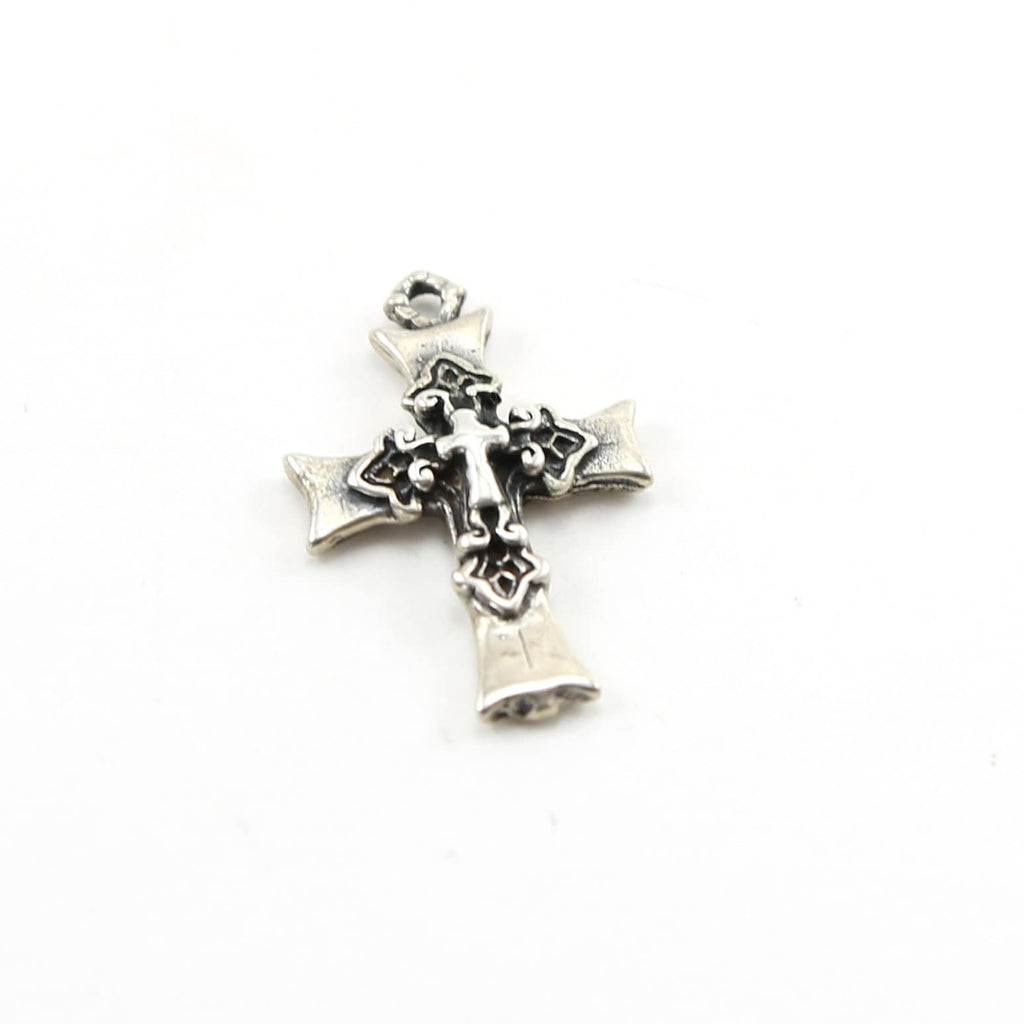 Sterling Silver Thick Fancy French Fleur De Les Cross Charm Pendant