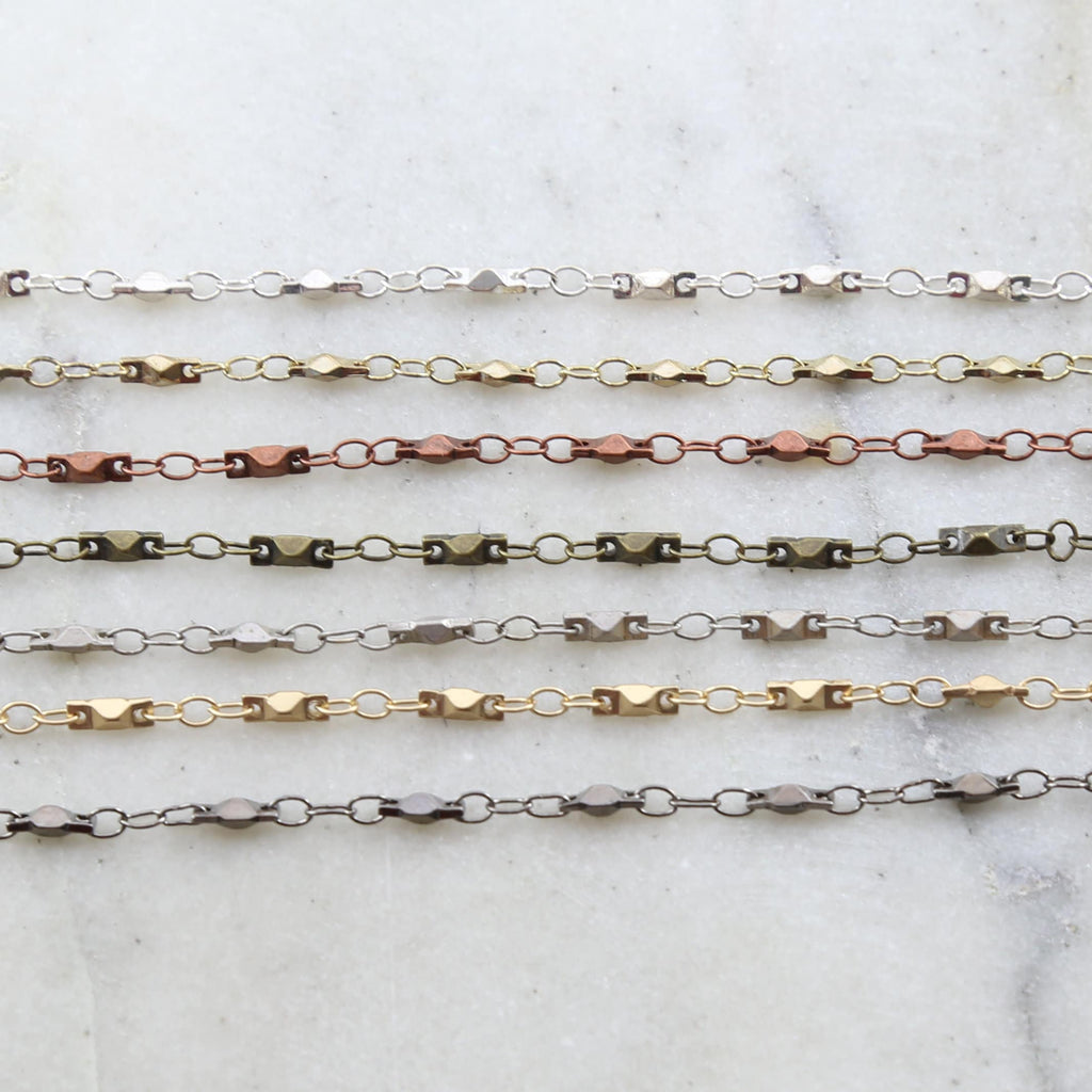 7mmx2.5mm Brass Plated Pointed Stud Chain in 7 Finishes – Sold by the Foot