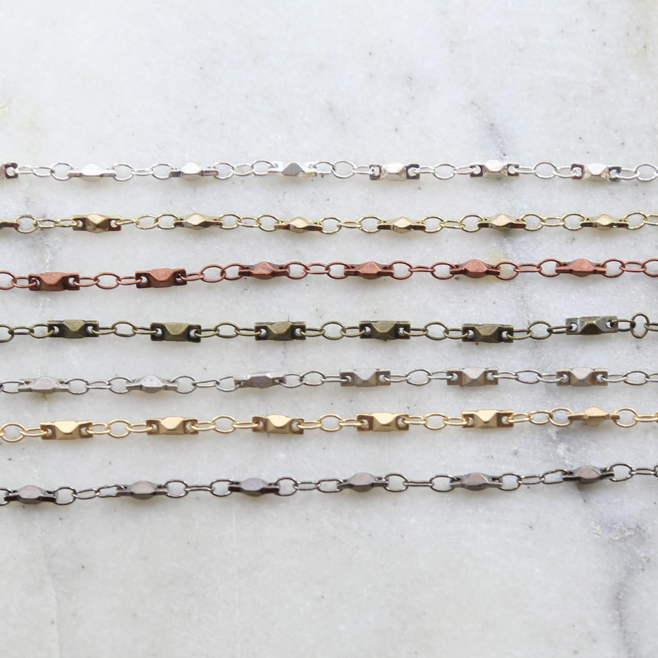 7mmx2.5mm Brass Plated Pointed Stud Chain in 7 Finishes – Sold by the Foot
