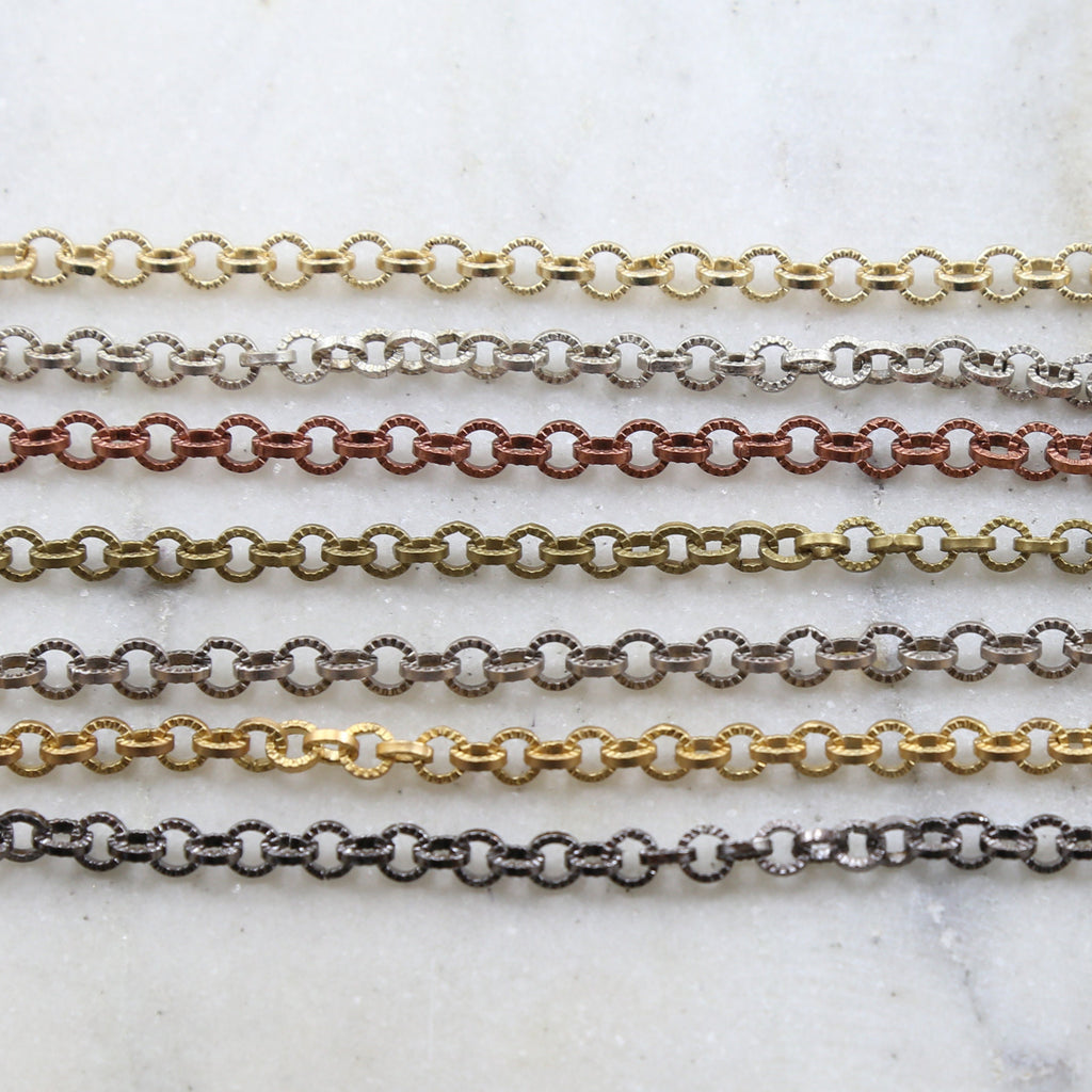 Brass 5mm Round Etched Textured Link Chain in 7 Finishes – Sold by the Foot