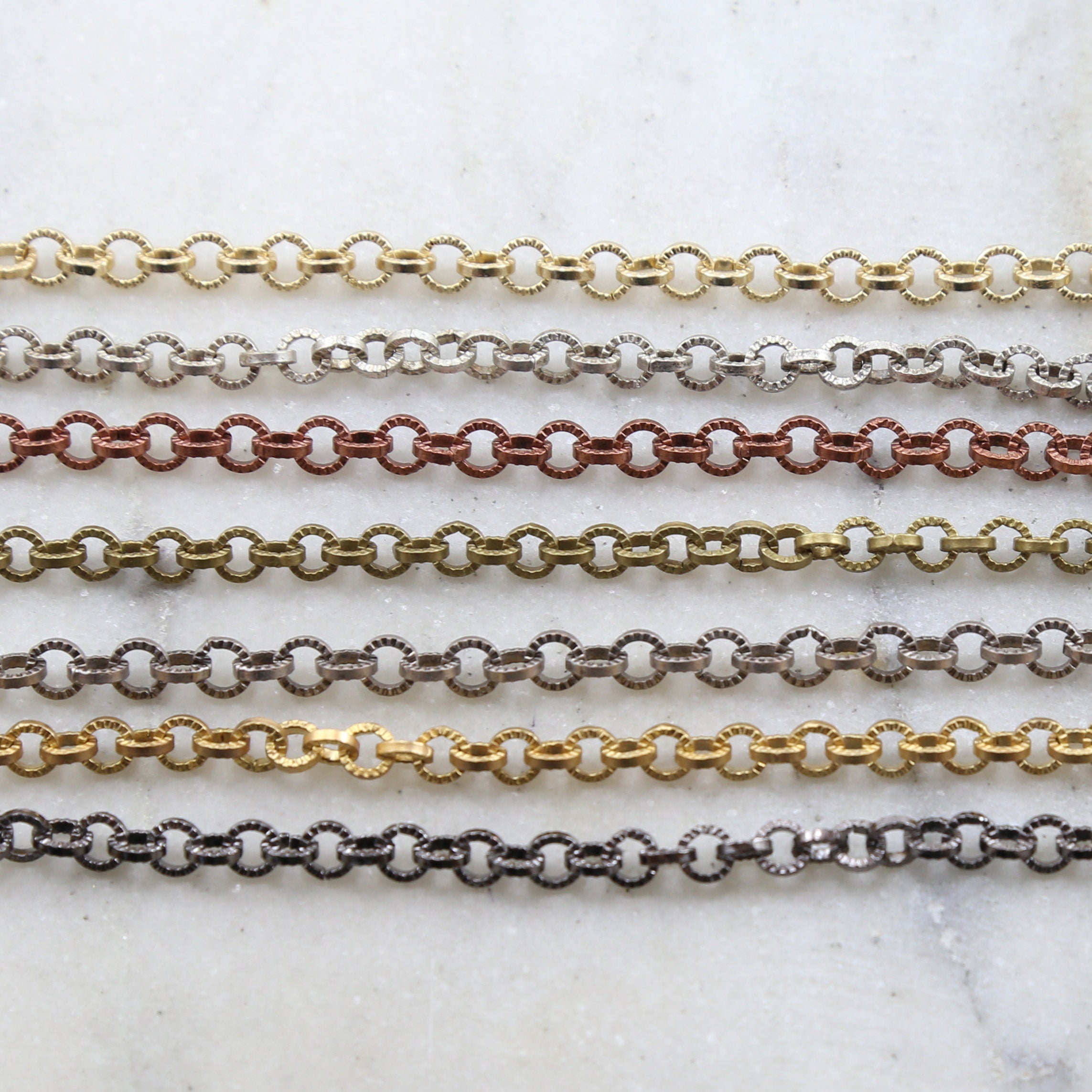 Brass 5mm Round Etched Textured Link Chain in 7 Finishes – Sold by the Foot
