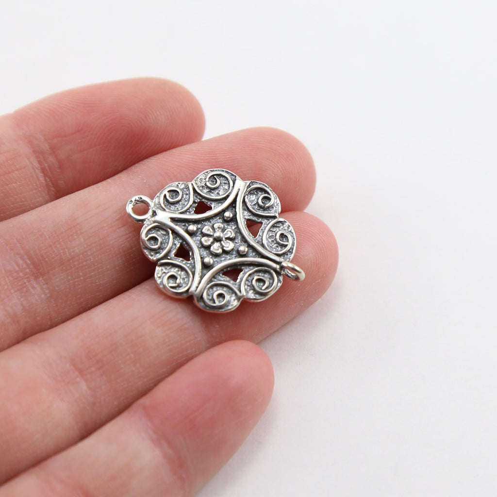 24mmx19mm Sterling Silver Flower Octagon Double Sided Connector Charm