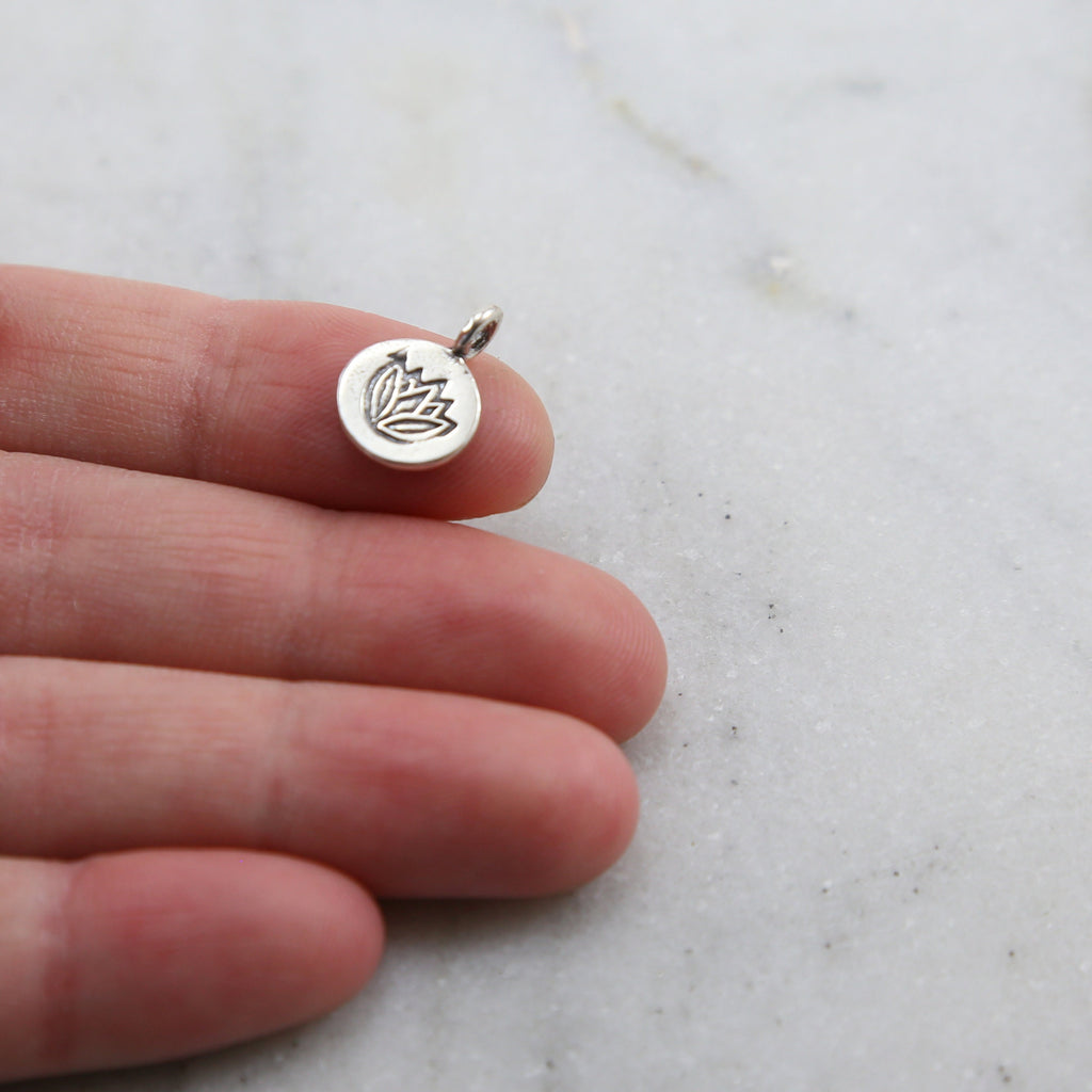 Sterling Silver Stamped Lotus on Teeny Tiny Round Circle Disk Charm